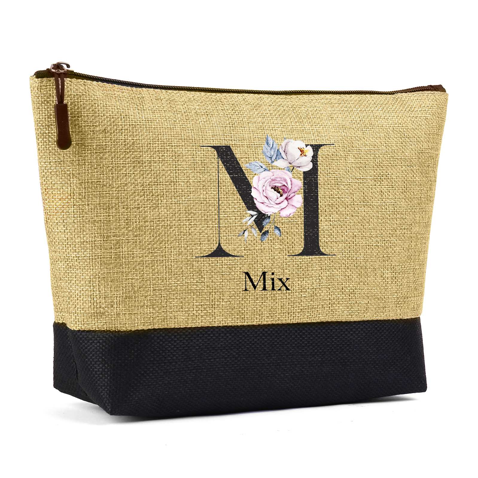 Sac Fourre-Tout en Jute 1 Prénom Personnalisé avec Lettre et Fleur Cadeau pour femme | Jessemade