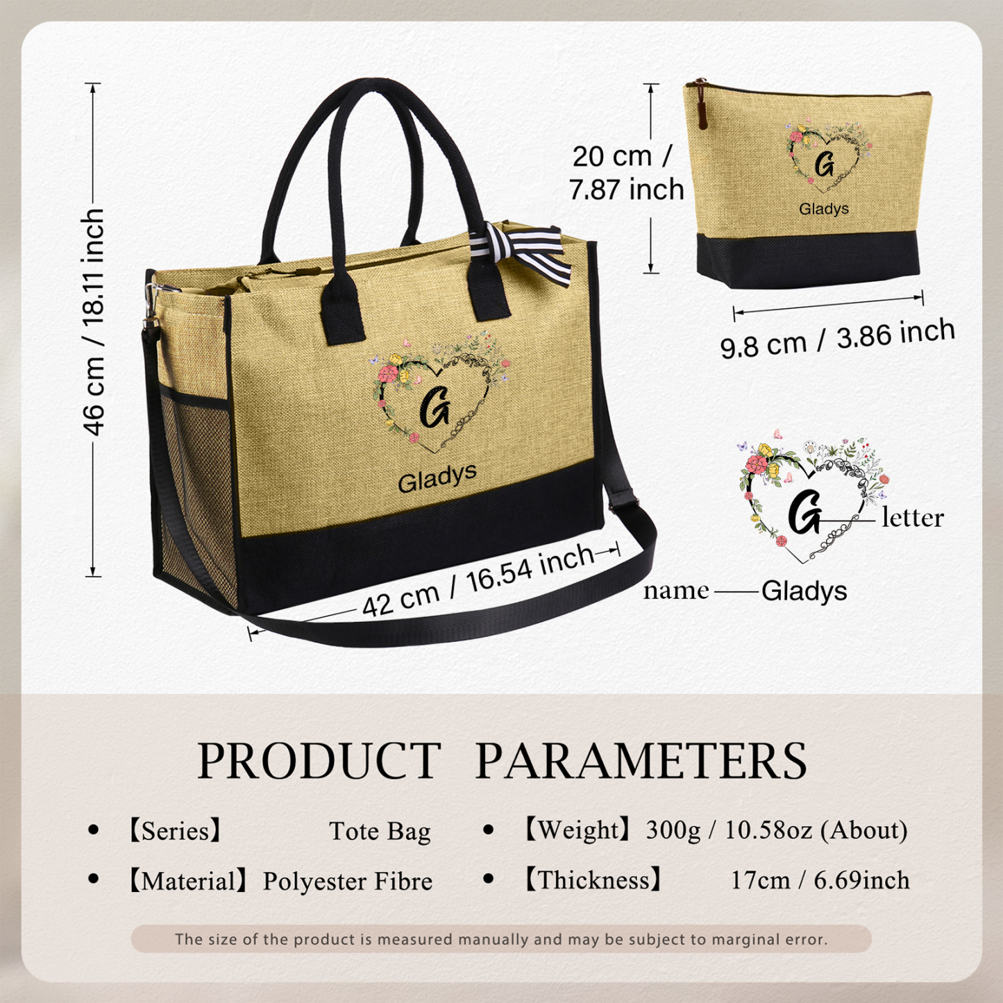 Sac Fourre-Tout Cœur 1 Prénom Personnalisé avec Lettre Cadeau pour femme | Jessemade