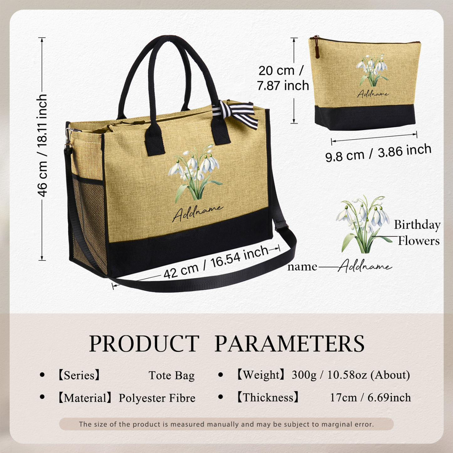 Sac Fourre-Tout élégance 1 Prénom Personnalisé avec Fleur de naissance Cadeau pour femme | Jessemade