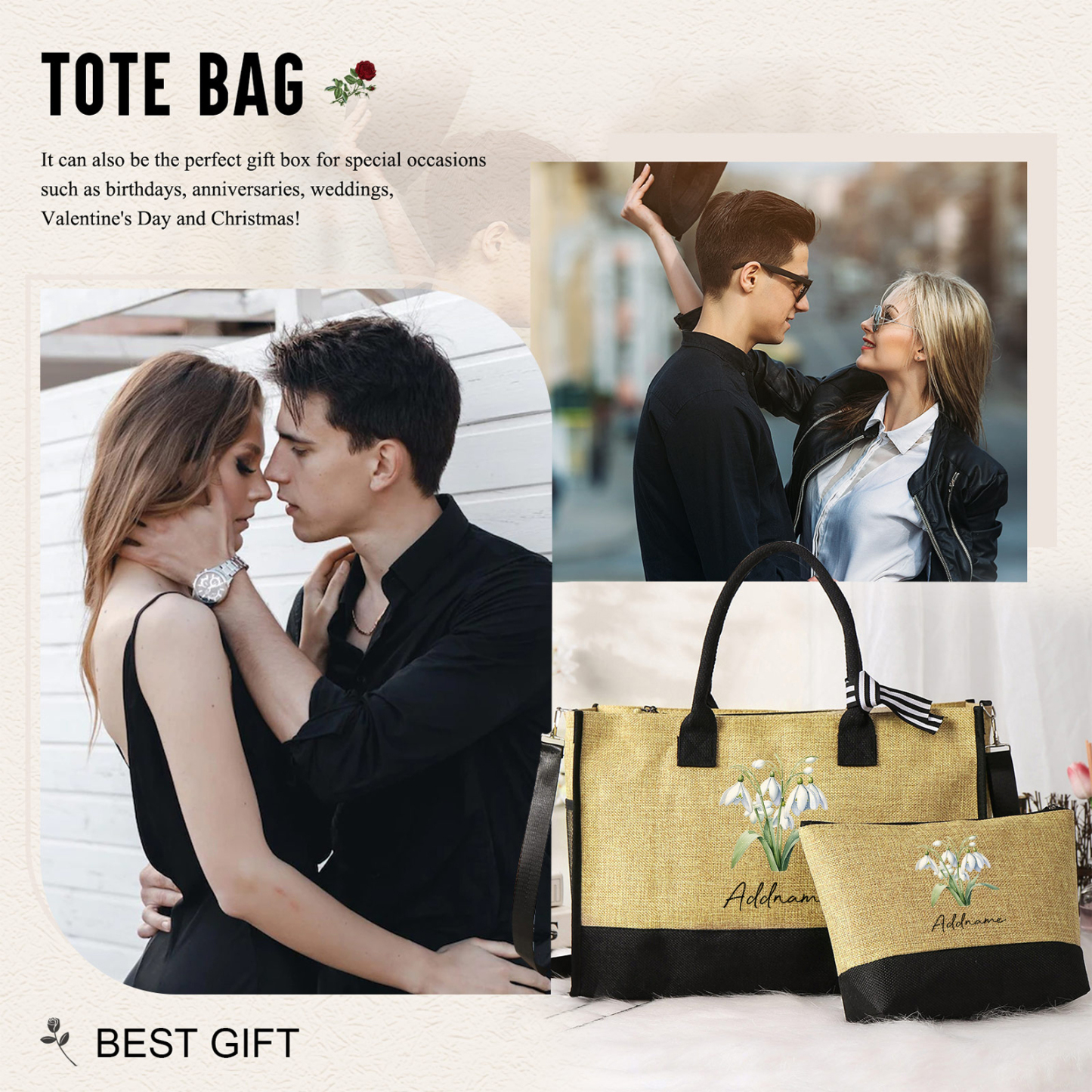 Sac Fourre-Tout élégance 1 Prénom Personnalisé avec Fleur de naissance Cadeau pour femme | Jessemade