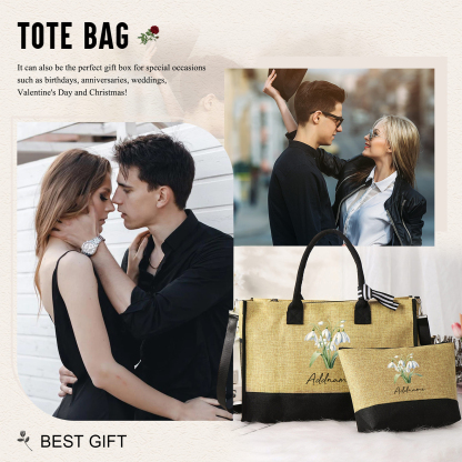 Sac Fourre-Tout élégance 1 Prénom Personnalisé avec Fleur de naissance Cadeau pour femme | Jessemade