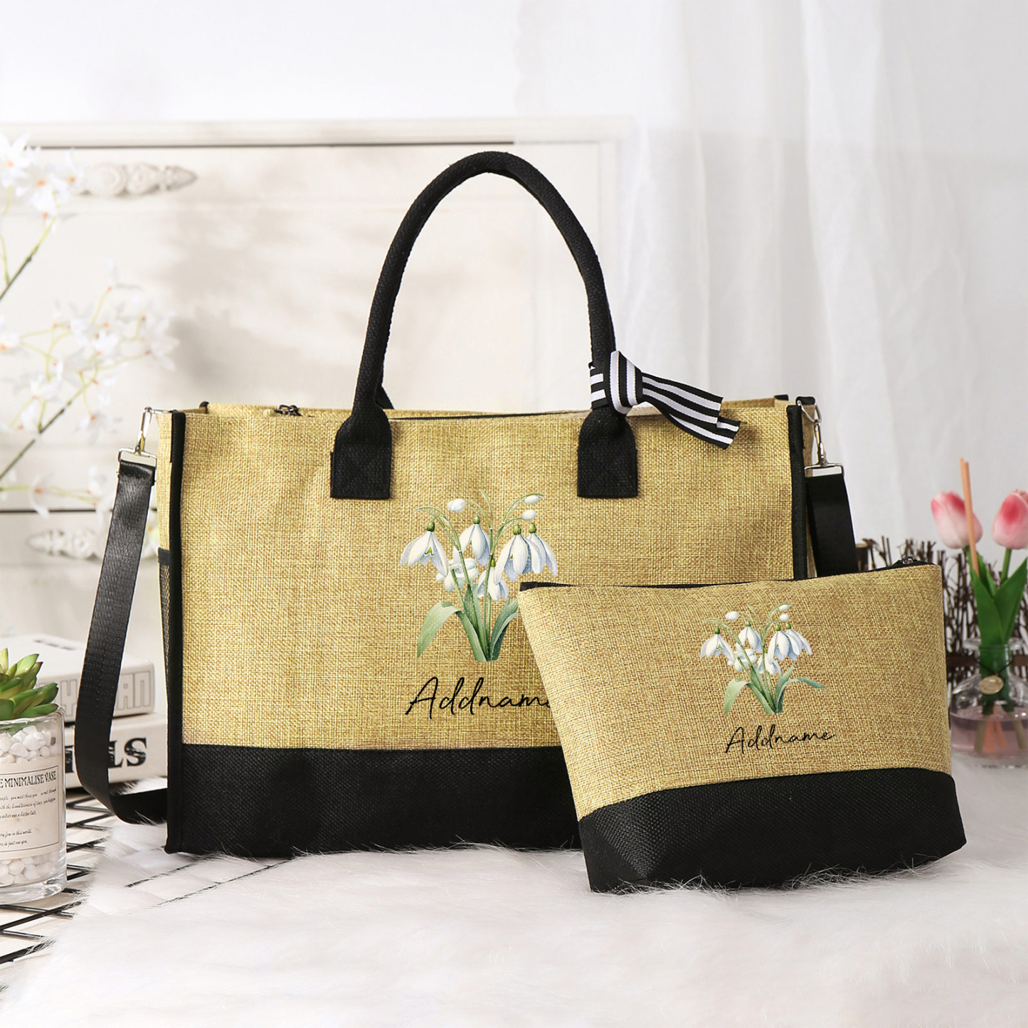 Sac Fourre-Tout élégance 1 Prénom Personnalisé avec Fleur de naissance
