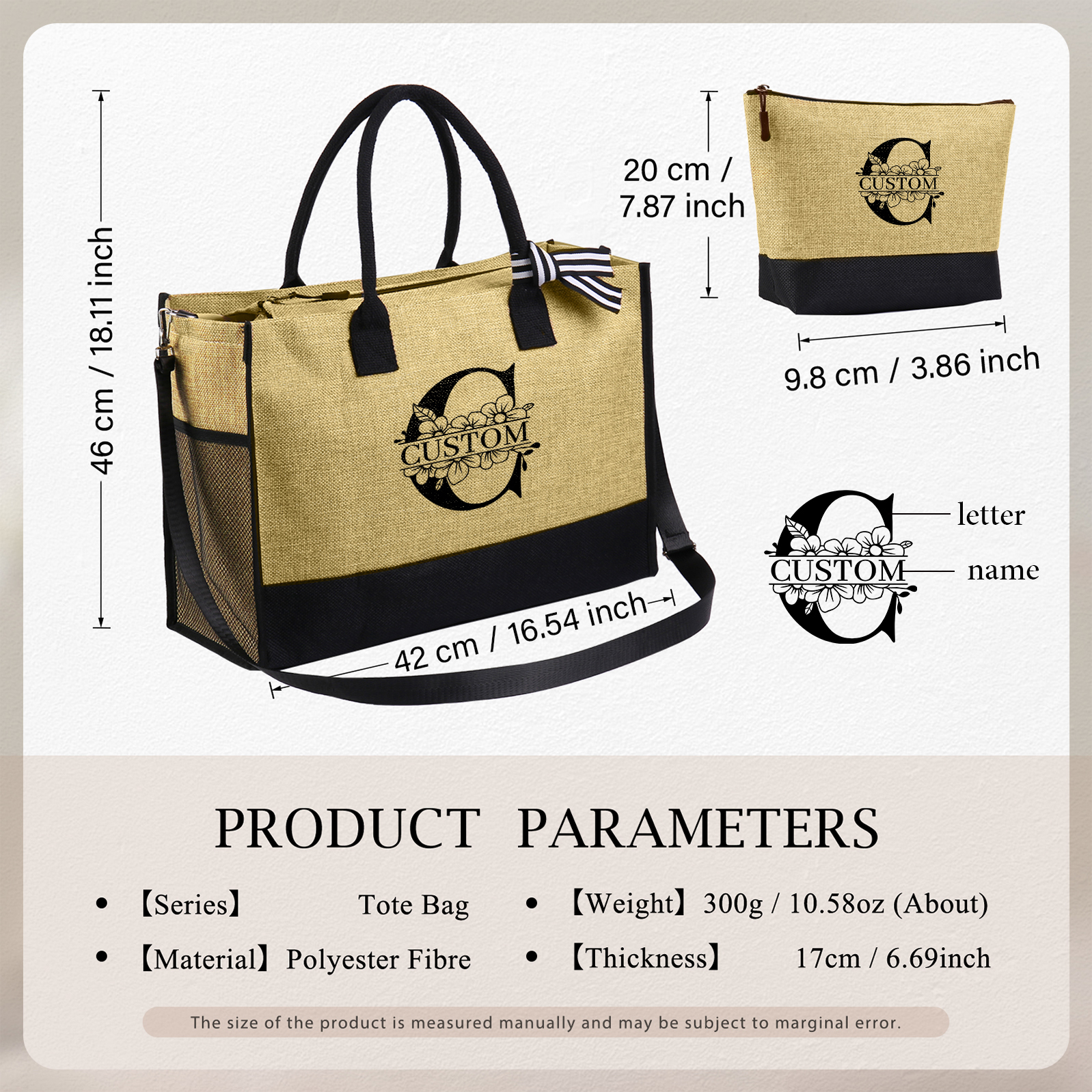 Sac Fourre-Tout en Jute 1 Prénom Personnalisé avec Lettre Cadeau pour femme Noir| Jessemade