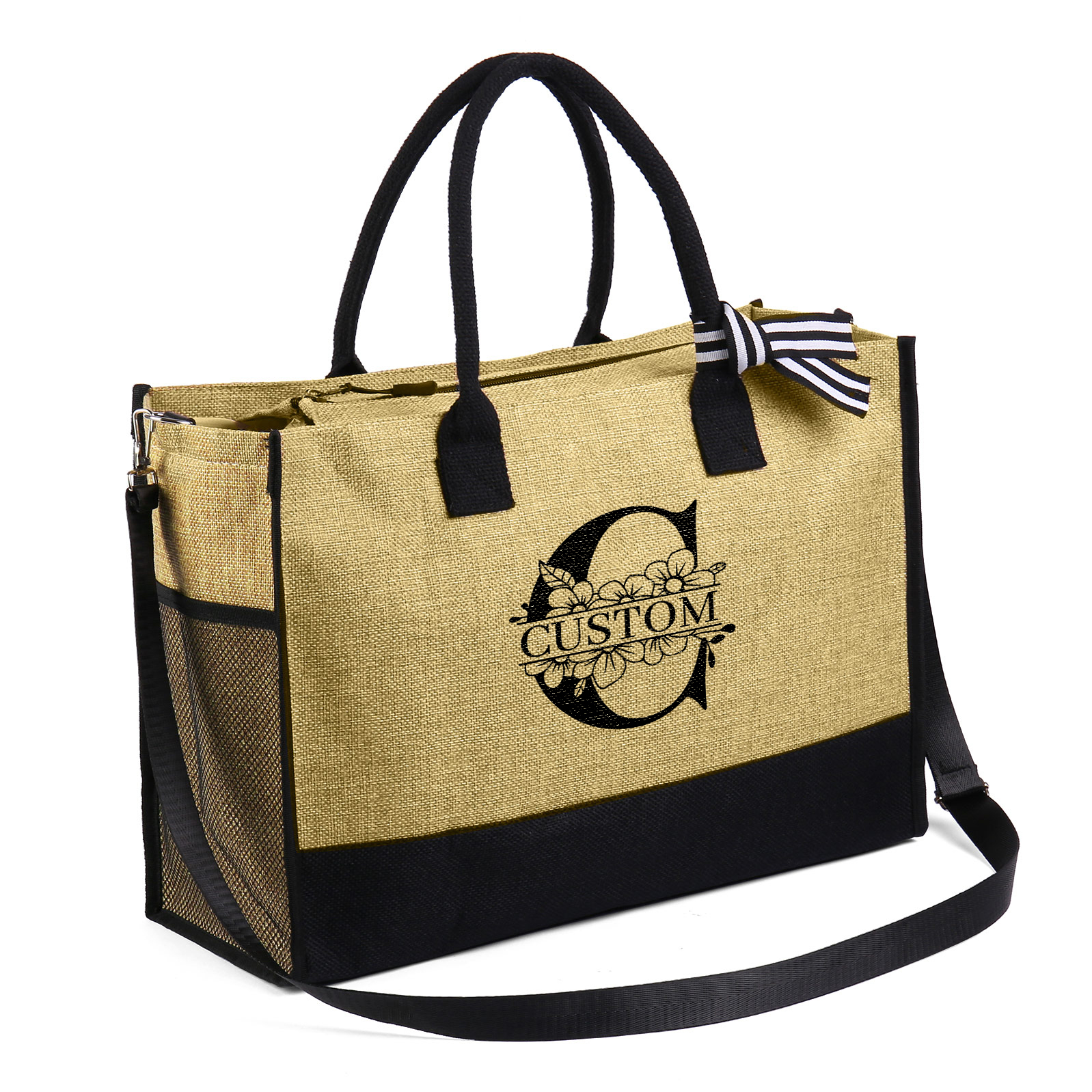 Sac Fourre-Tout en Jute 1 Prénom Personnalisé avec Lettre Cadeau pour femme Noir| Jessemade