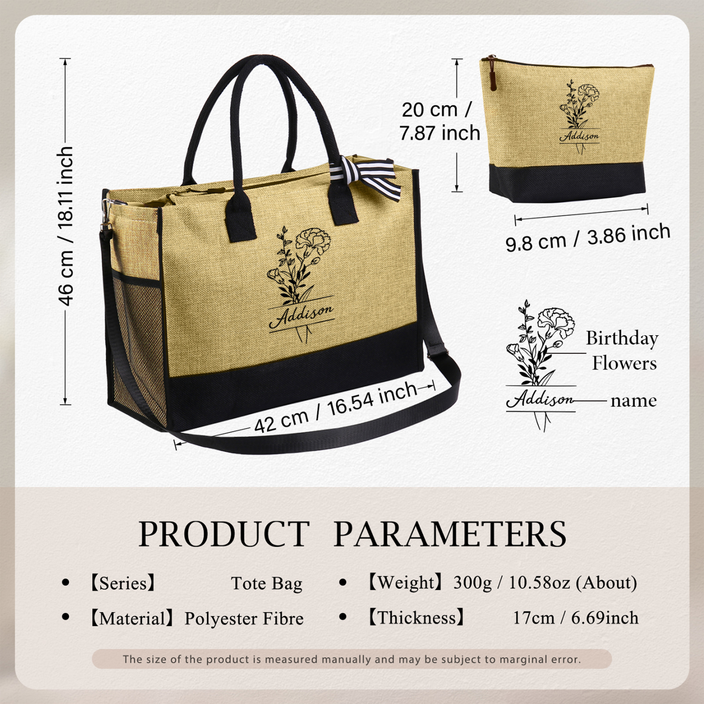 Sac Fourre-Tout en Jute 1 Prénom Personnalisé avec Fleur de naissance Cadeau pour femme | Jessemade
