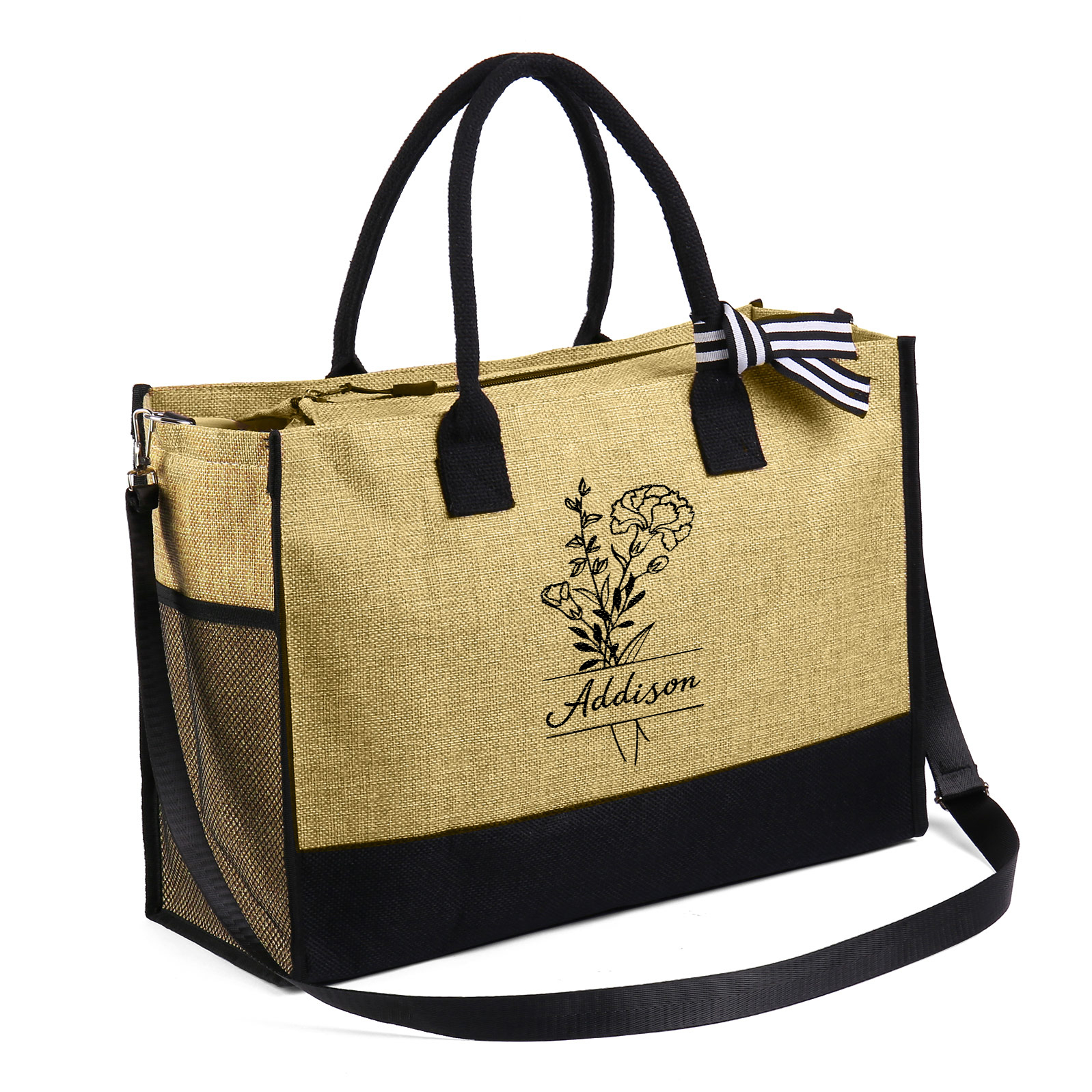 Sac Fourre-Tout en Jute 1 Prénom Personnalisé avec Fleur de naissance Cadeau pour femme | Jessemade