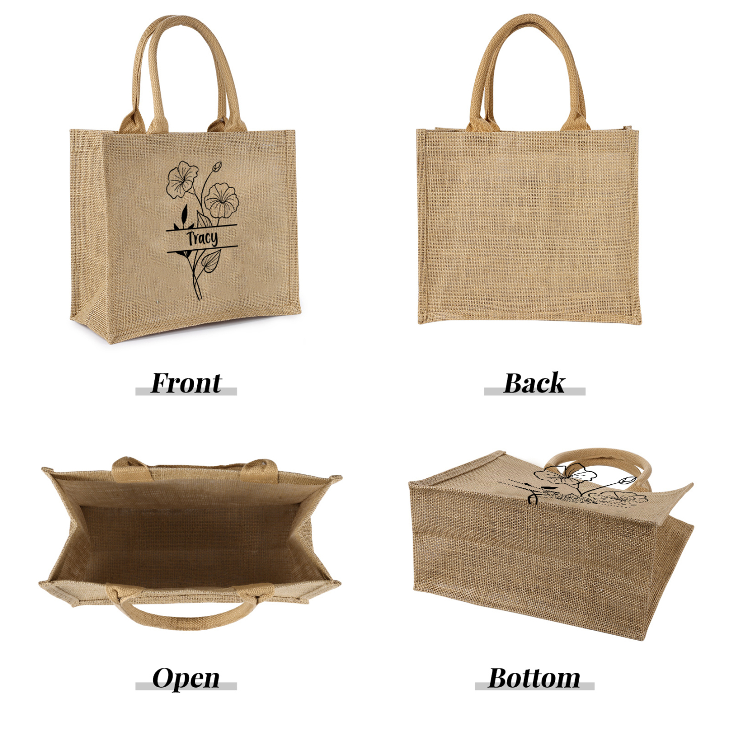 Sac Fourre-Tout  en Jute Personnalisé 1 Prénom aevc Fleur de naissance