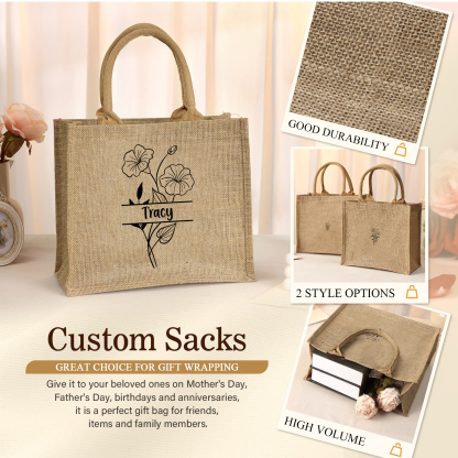 Sac Fourre-Tout  en Jute Personnalisé 1 Prénom aevc Fleur de naissance