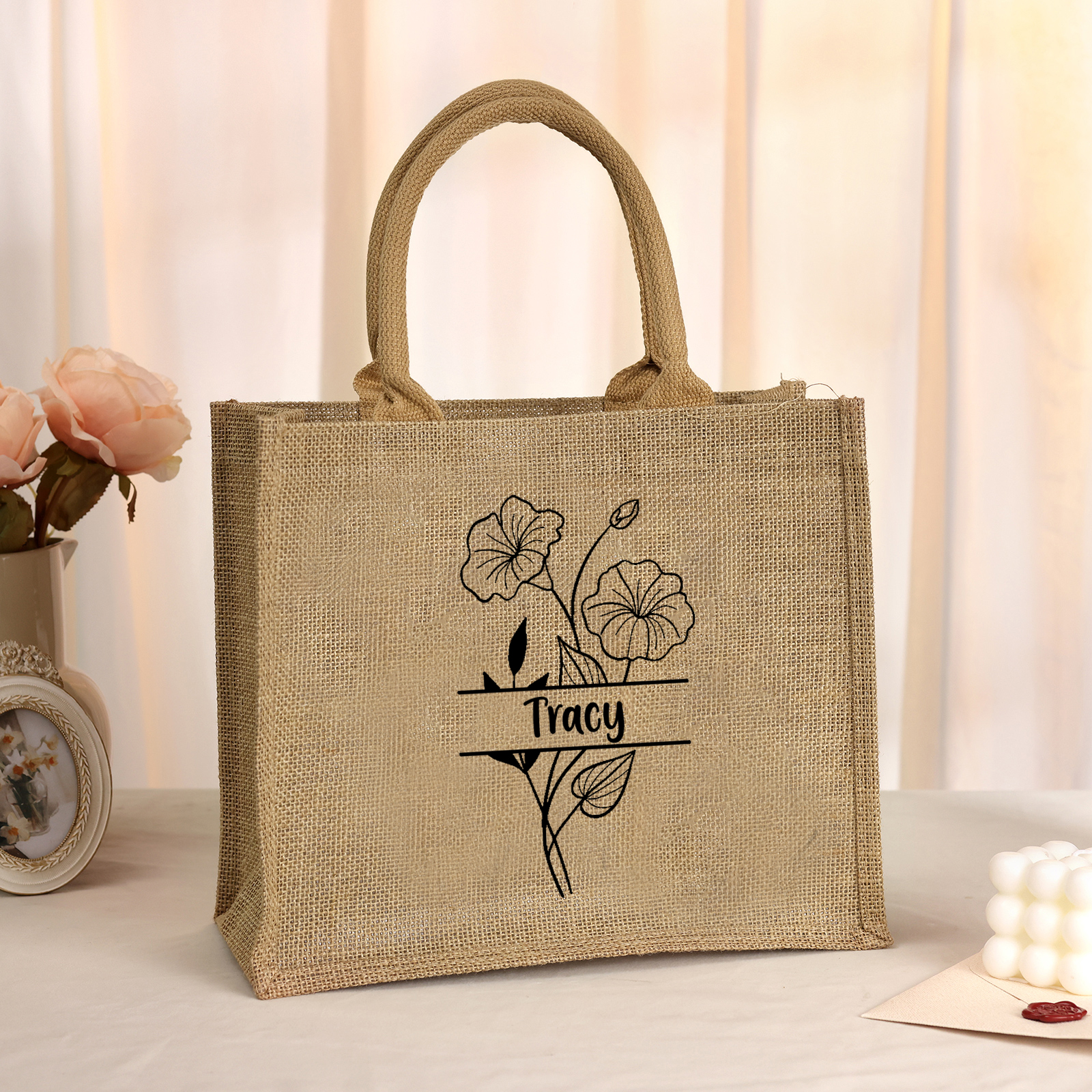 Sac Fourre-Tout  en Jute Personnalisé 1 Prénom aevc Fleur de naissance