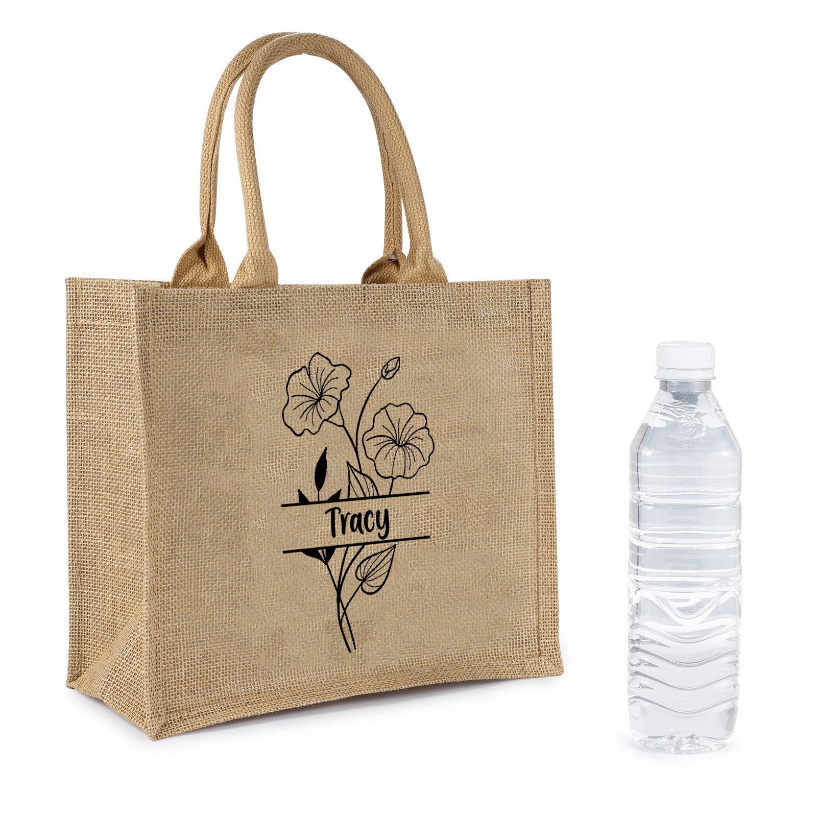 Sac Fourre-Tout  en Jute Personnalisé 1 Prénom aevc Fleur de naissance