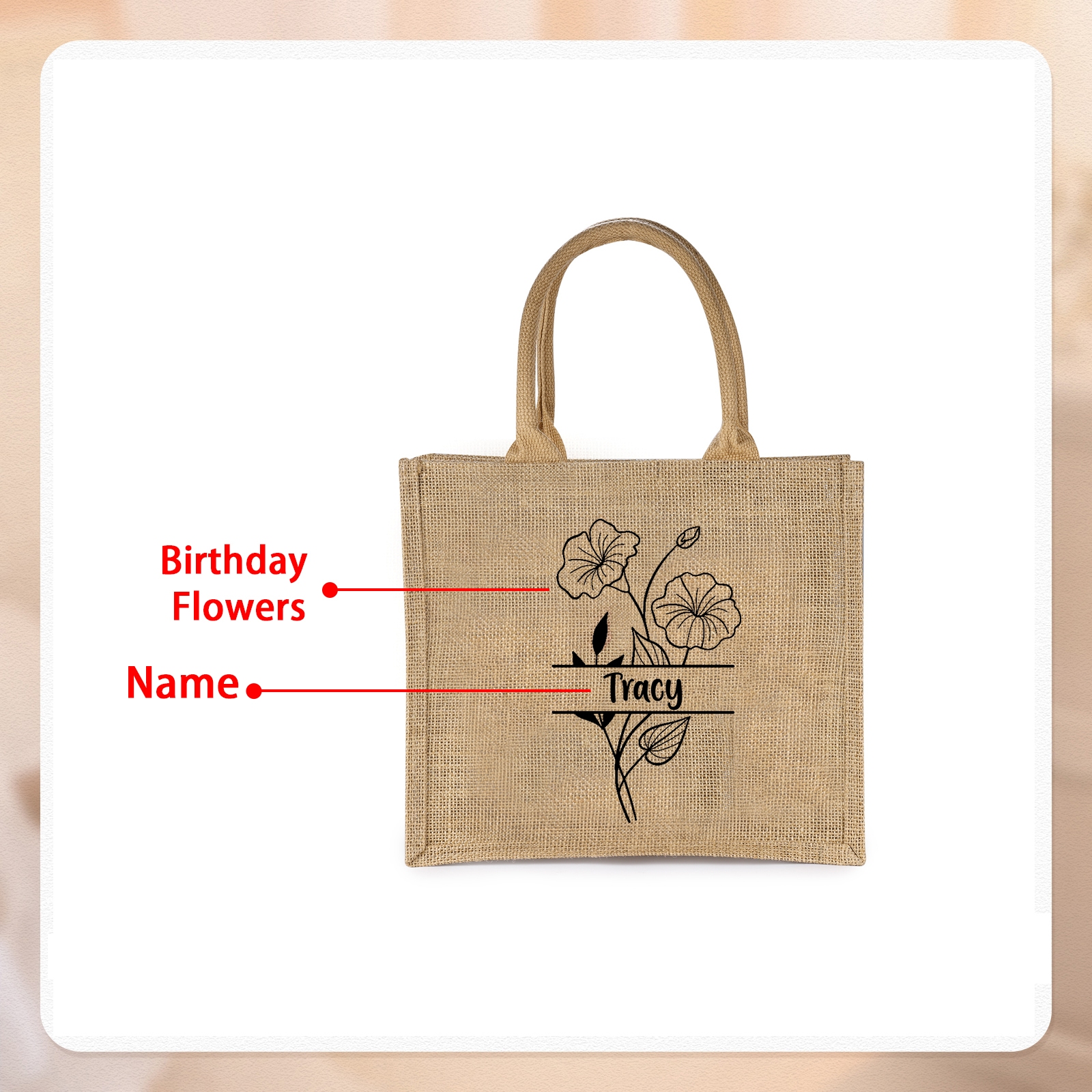 Sac Fourre-Tout  en Jute Personnalisé 1 Prénom aevc Fleur de naissance