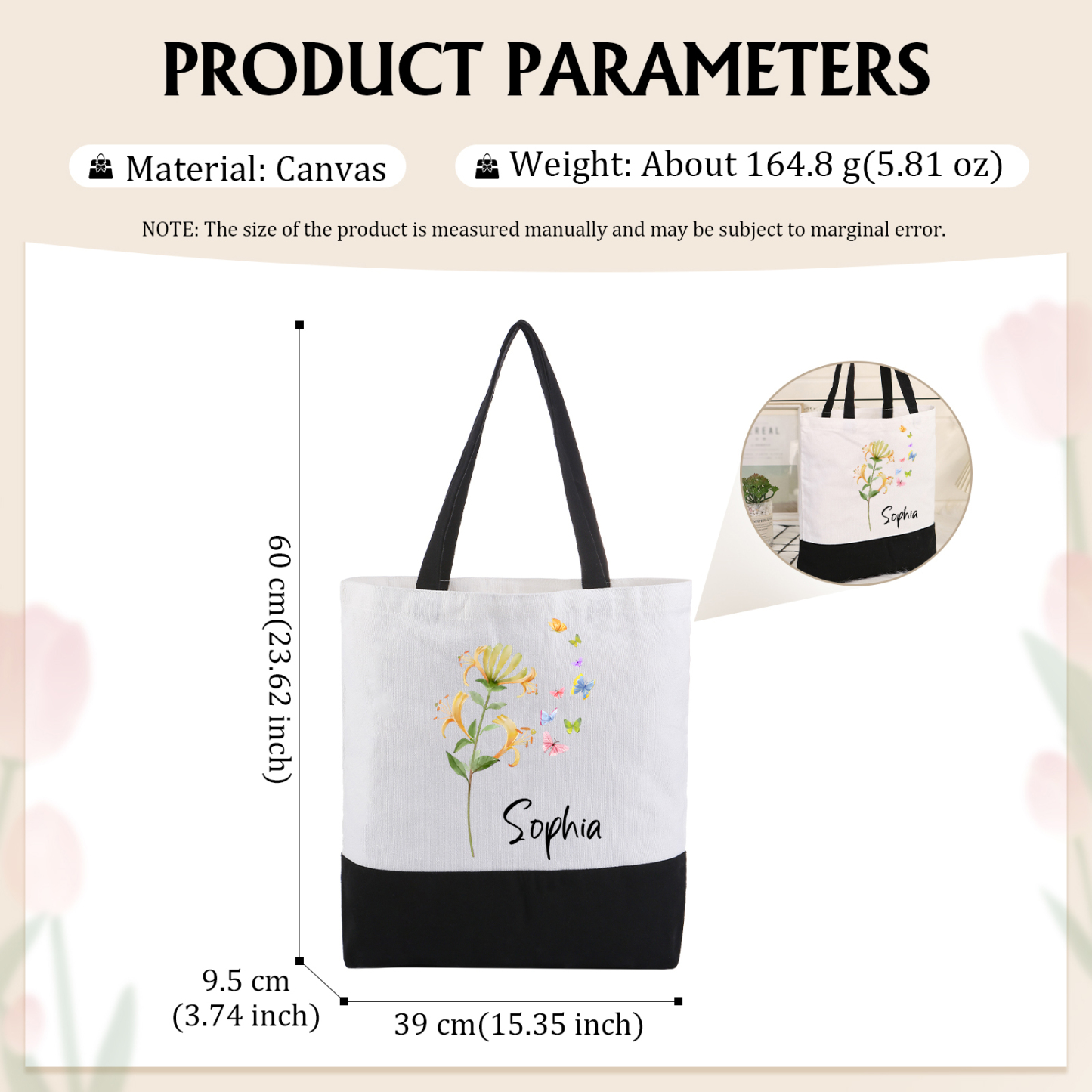 Sac Cabas en Toile Personnalisé avec Fleur de Naissance et Prénom Cadeau pour Femme | Jessemade