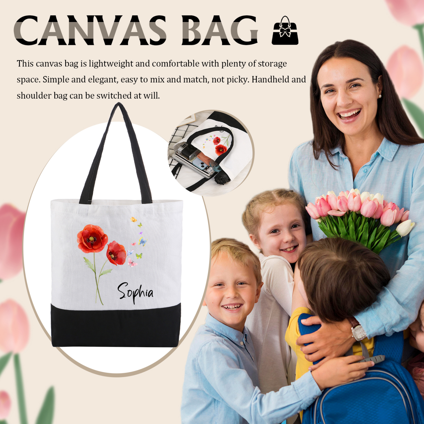 Sac Cabas en Toile Personnalisé avec Fleur de Naissance et Prénom Cadeau pour Femme | Jessemade