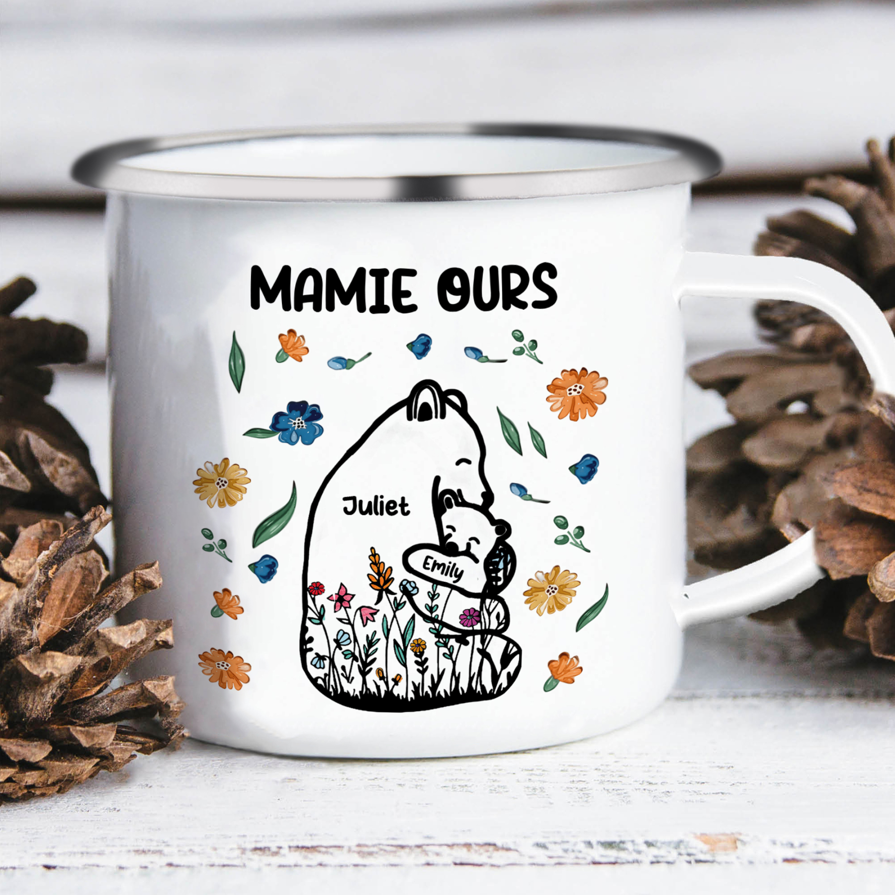 À Mamie Tasse Mamie Ours 2 Prénoms Personnalisés avec texte Cadeau pour mamie | Jessemade