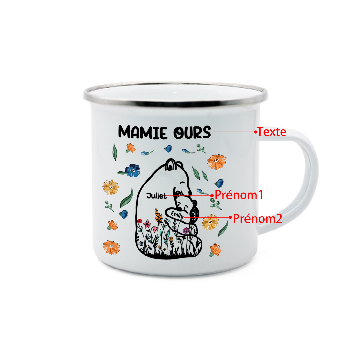 À Mamie Tasse Mamie Ours 2 Prénoms Personnalisés avec texte Cadeau pour mamie | Jessemade