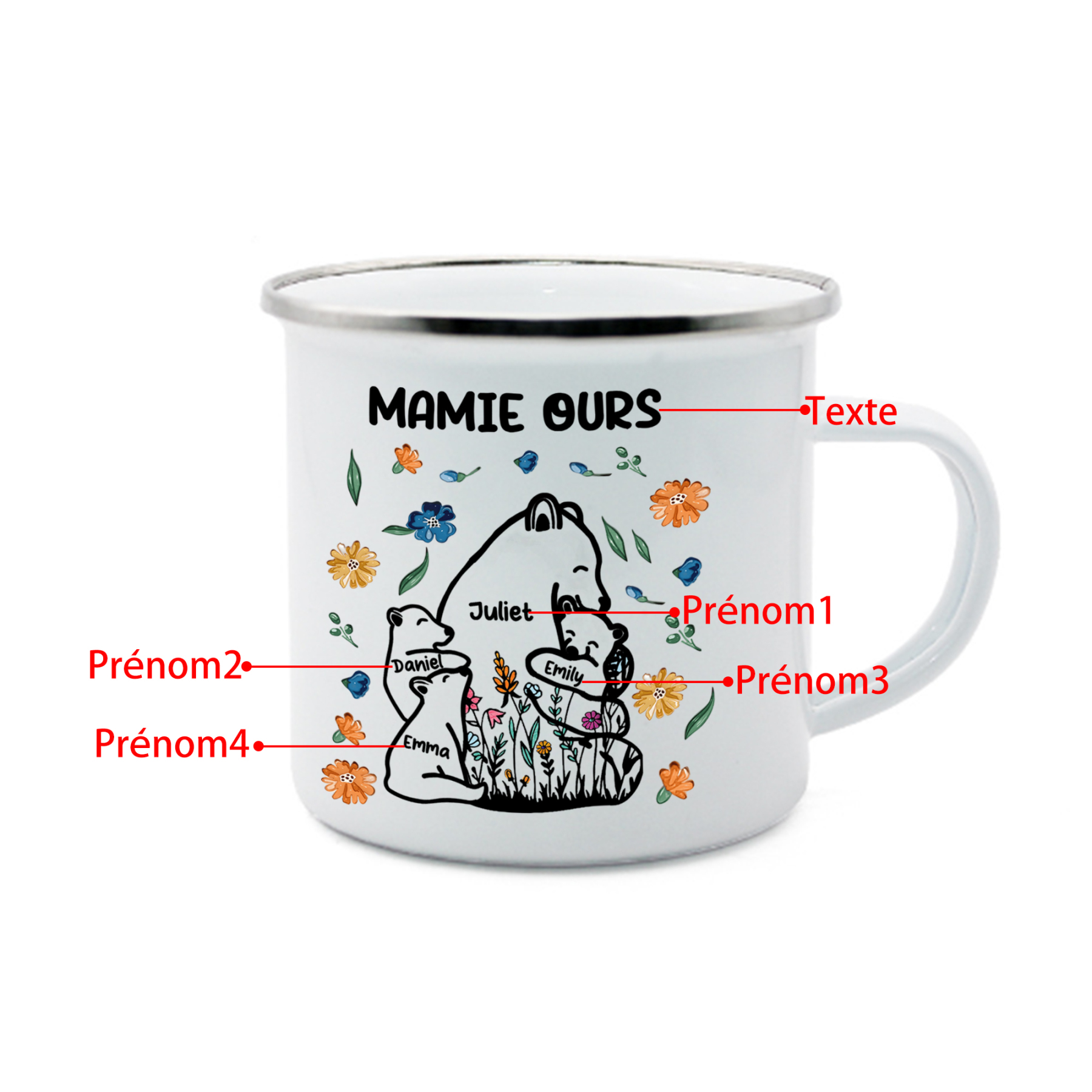 À Mamie Tasse Mamie Ours 4 Prénoms Personnalisés avec texte Cadeau pour mamie | Jessemade