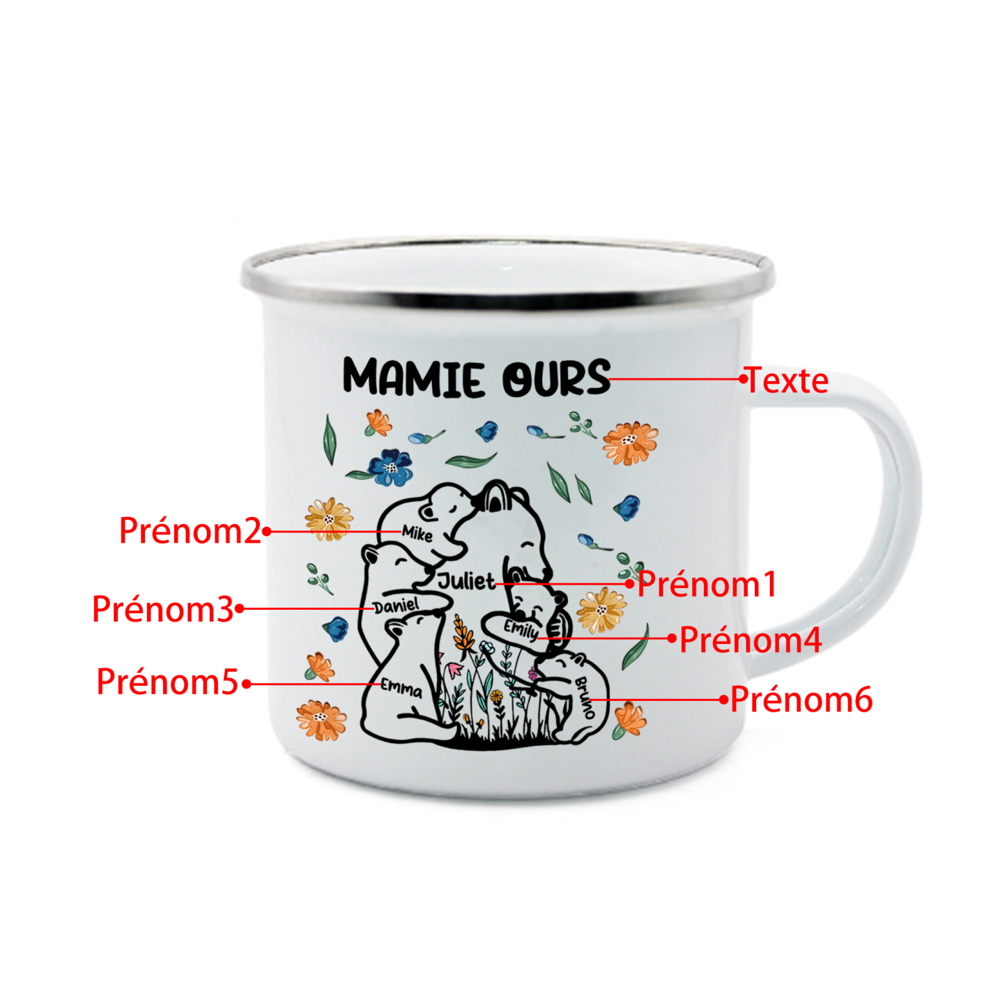 À Mamie Tasse Mamie Ours 6 Prénoms Personnalisés avec texte Cadeau pour mamie | Jessemade