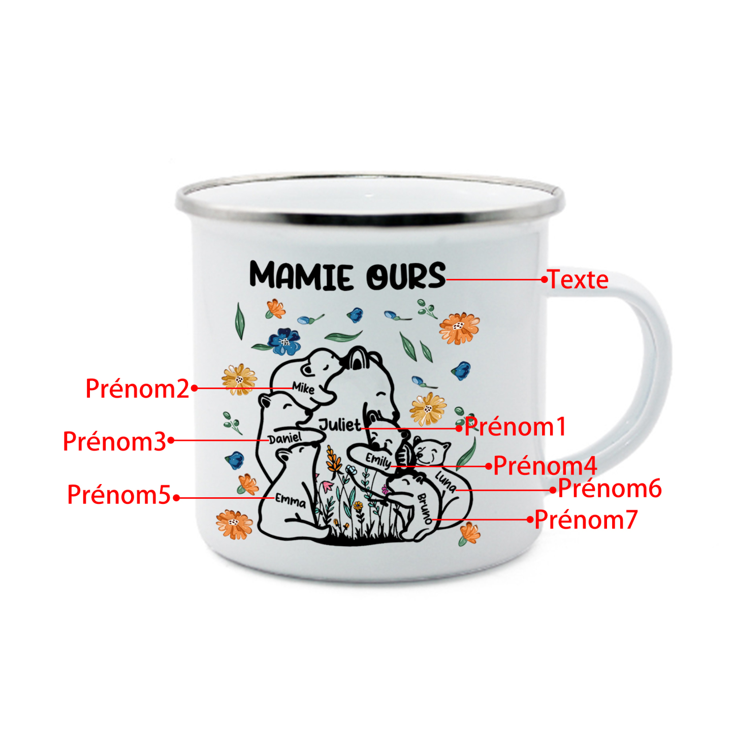 À Mamie Tasse Mamie Ours 7 Prénoms Personnalisés avec texte Cadeau pour mamie | Jessemade
