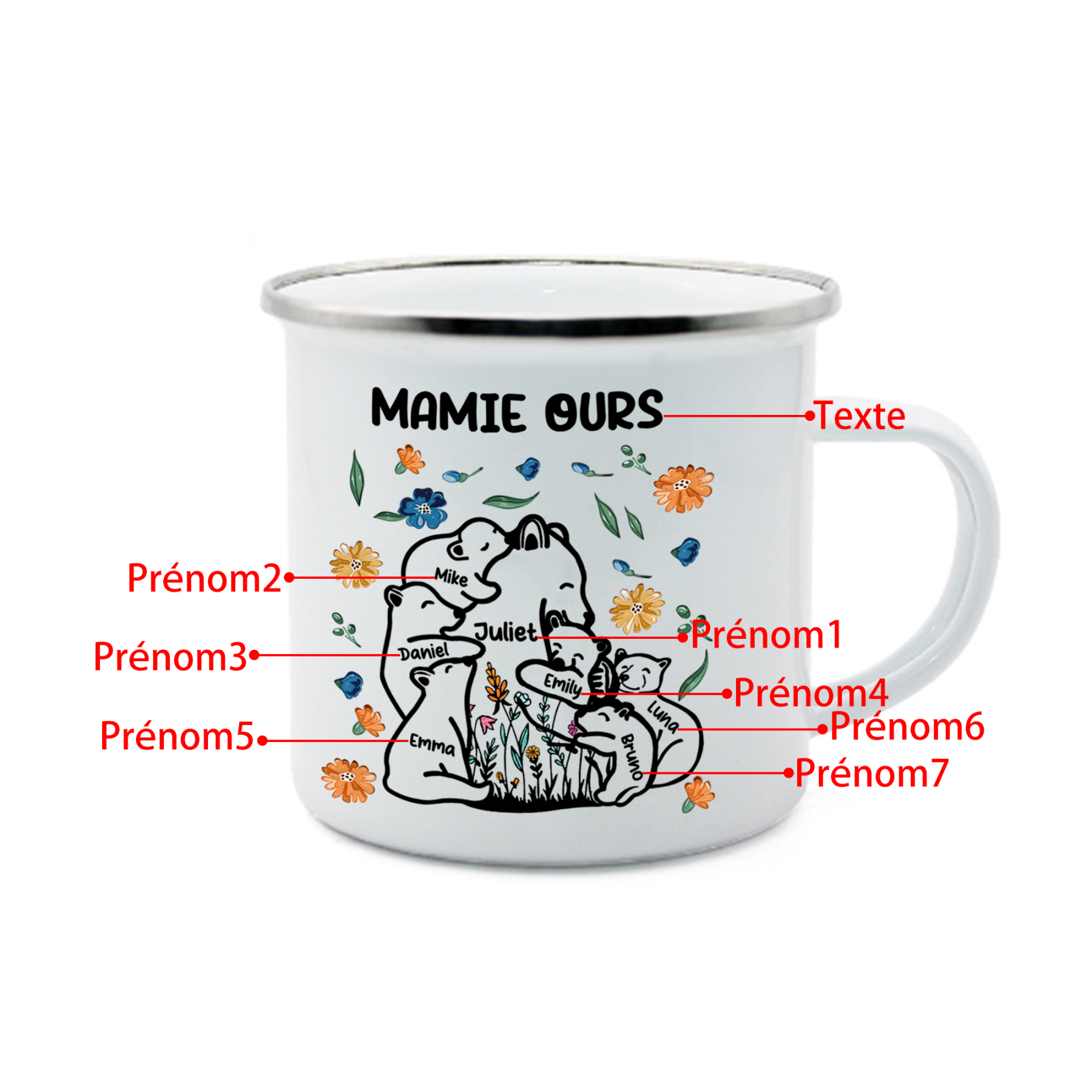 À Mamie Tasse Mamie Ours 7 Prénoms Personnalisés avec texte Cadeau pour mamie | Jessemade