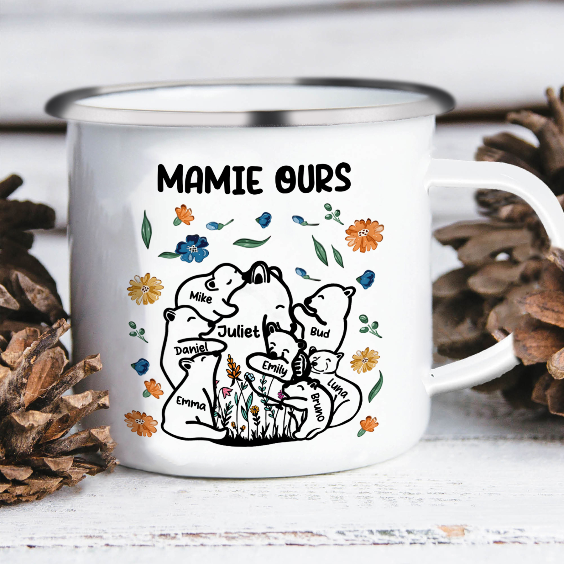 À Mamie Tasse Mamie Ours 8 Prénoms Personnalisés avec texte Cadeau pour mamie | Jessemade