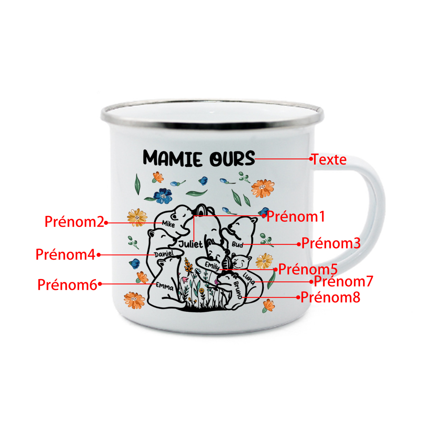 À Mamie Tasse Mamie Ours 8 Prénoms Personnalisés avec texte Cadeau pour mamie | Jessemade