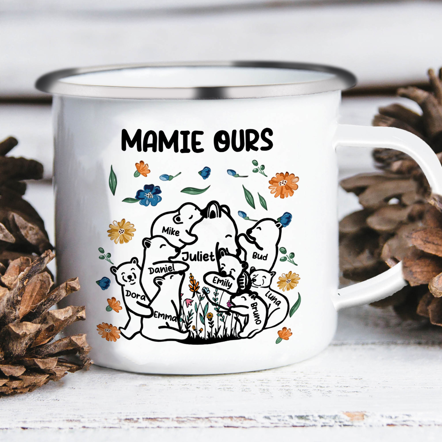 À Mamie Tasse Mamie Ours 9 Prénoms Personnalisés avec texte Cadeau pour mamie | Jessemade