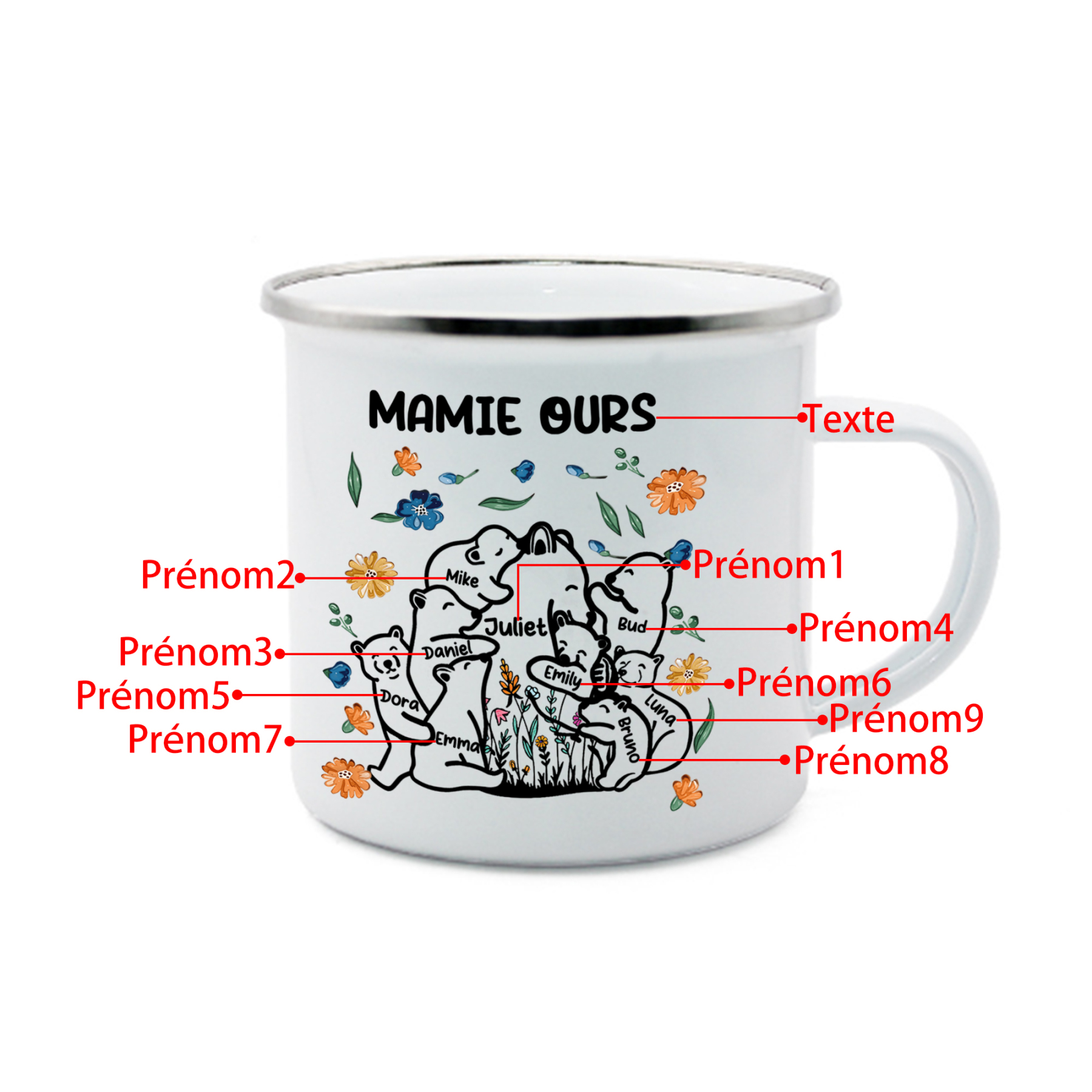 À Mamie Tasse Mamie Ours 9 Prénoms Personnalisés avec texte Cadeau pour mamie | Jessemade