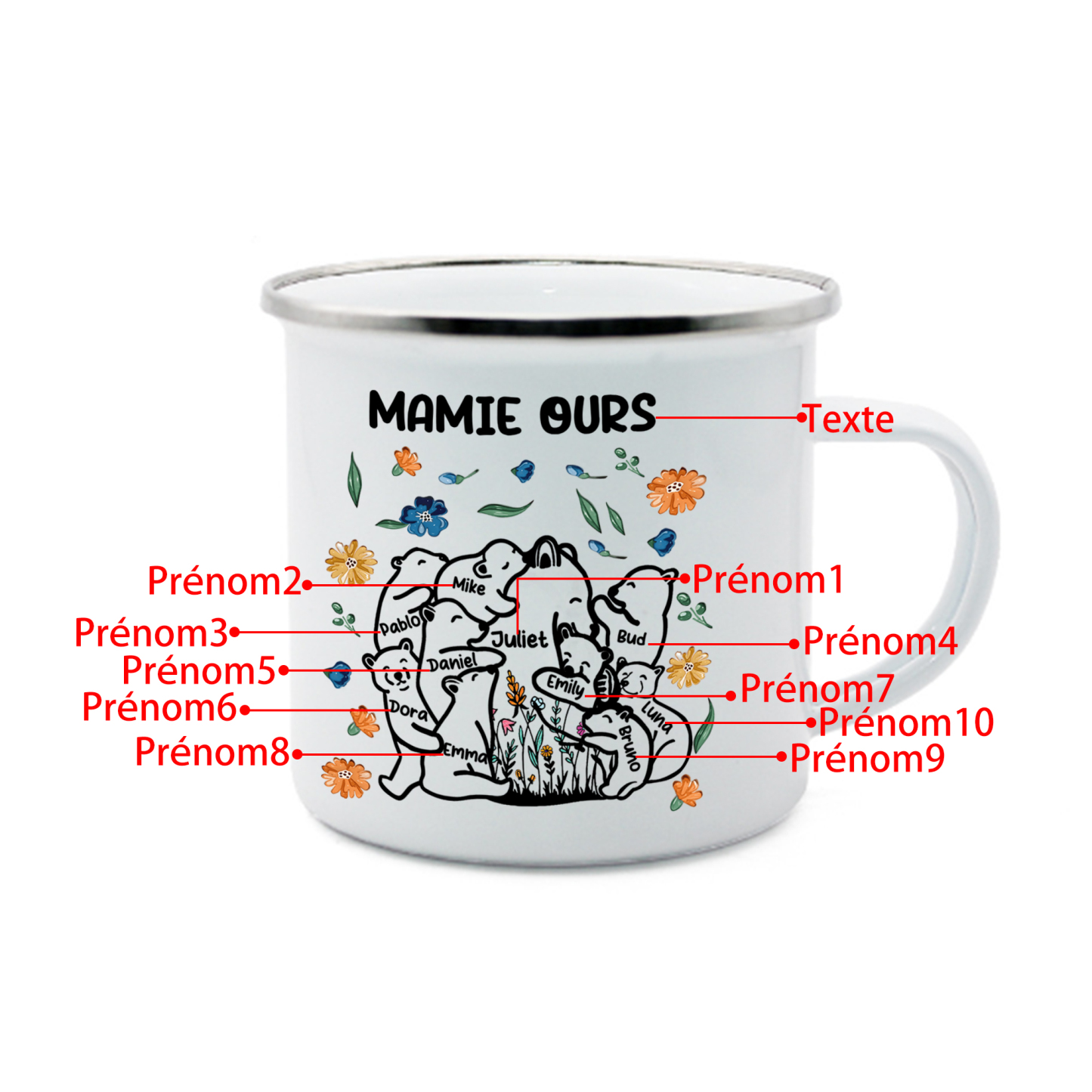 À Mamie Tasse Mamie Ours 10 Prénoms Personnalisés avec texte Cadeau pour mamie | Jessemade