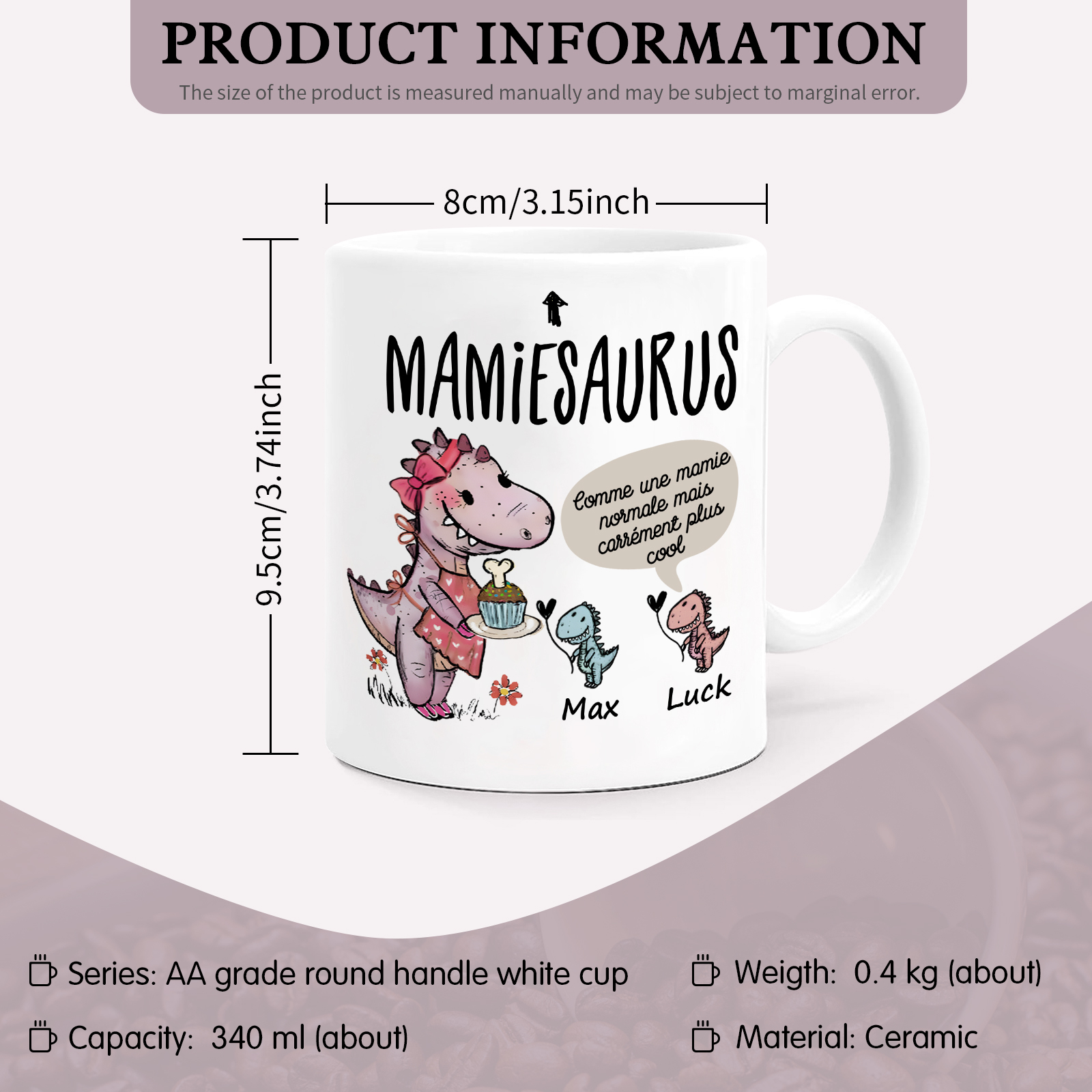 À Mamie Tasse Dinosaure 2 Prénoms Personnalisés rose ou bleur Cadeau pour mamie | Jessemade
