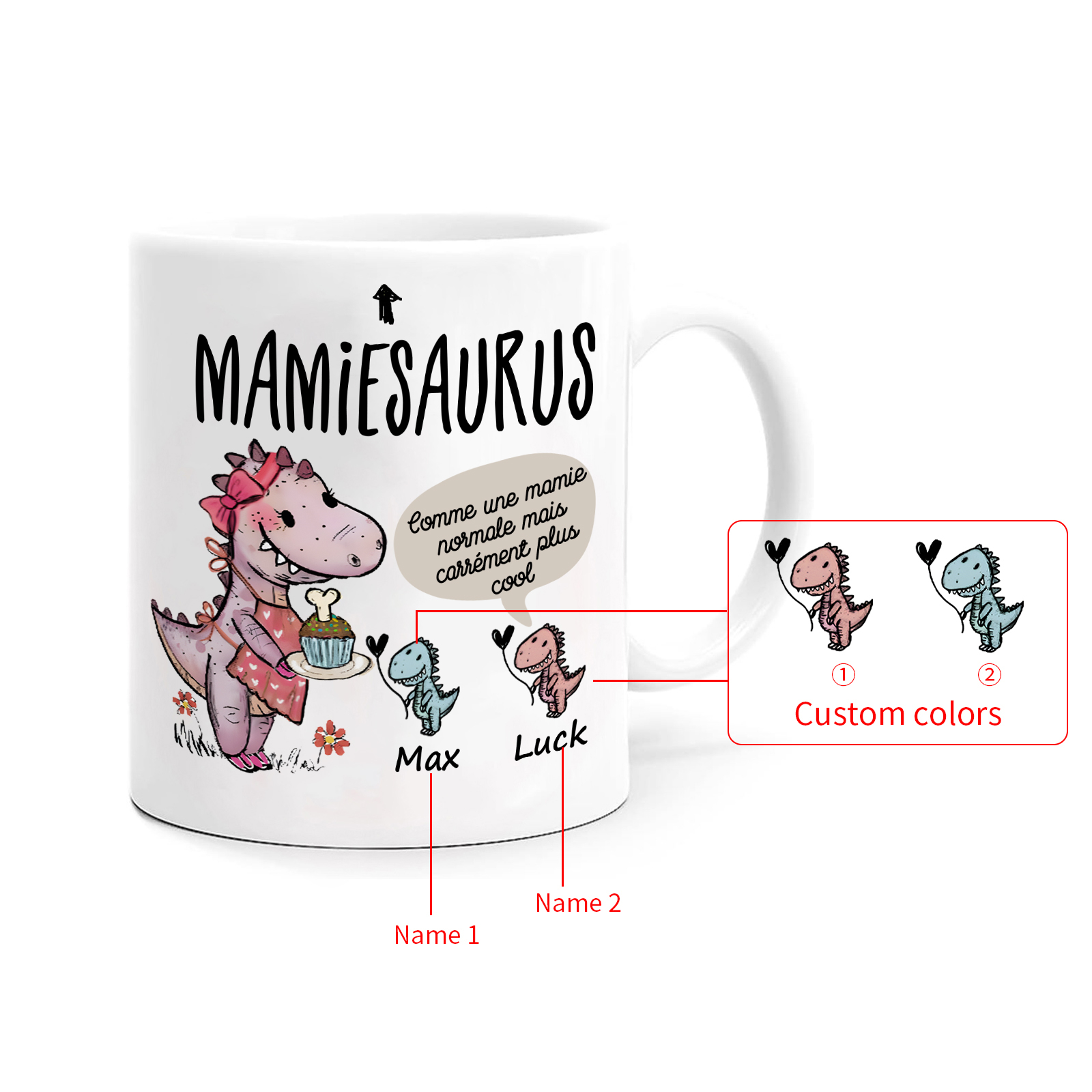 À Mamie Tasse Dinosaure 2 Prénoms Personnalisés rose ou bleur Cadeau pour mamie | Jessemade