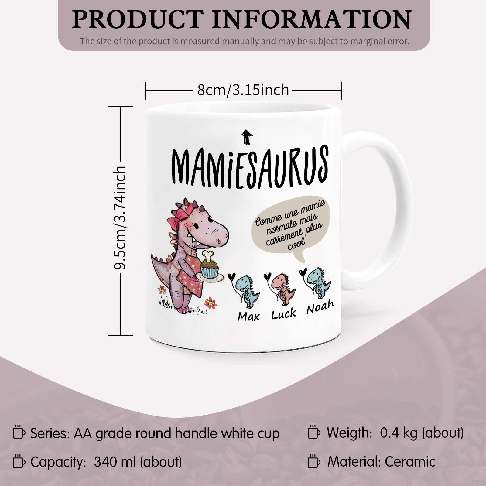 À Mamie Tasse Dinosaure 3 Prénoms Personnalisés rose ou bleur Cadeau pour mamie  | Jessemade
