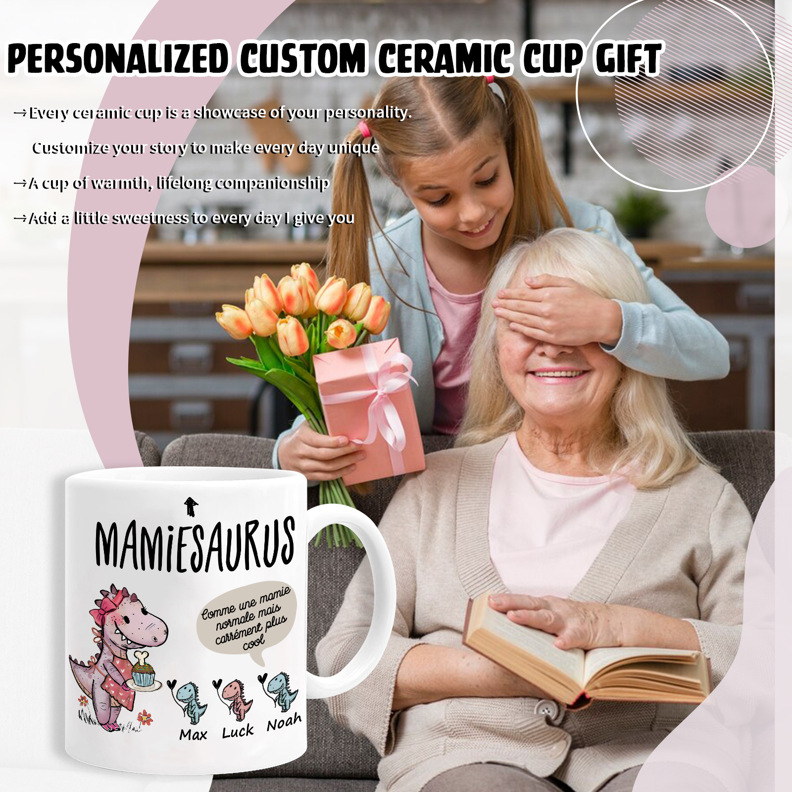 À Mamie Tasse Dinosaure 3 Prénoms Personnalisés rose ou bleur Cadeau pour mamie  | Jessemade