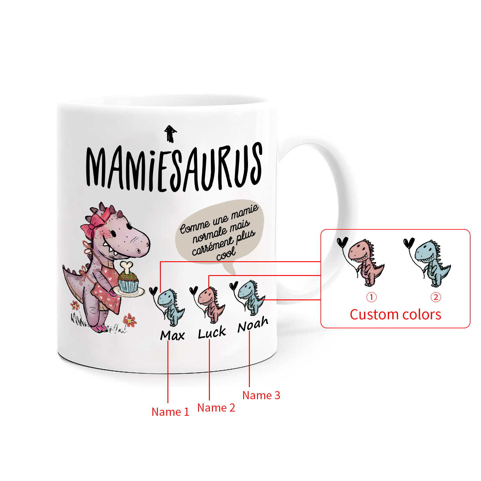 À Mamie Tasse Dinosaure 3 Prénoms Personnalisés rose ou bleur Cadeau pour mamie  | Jessemade