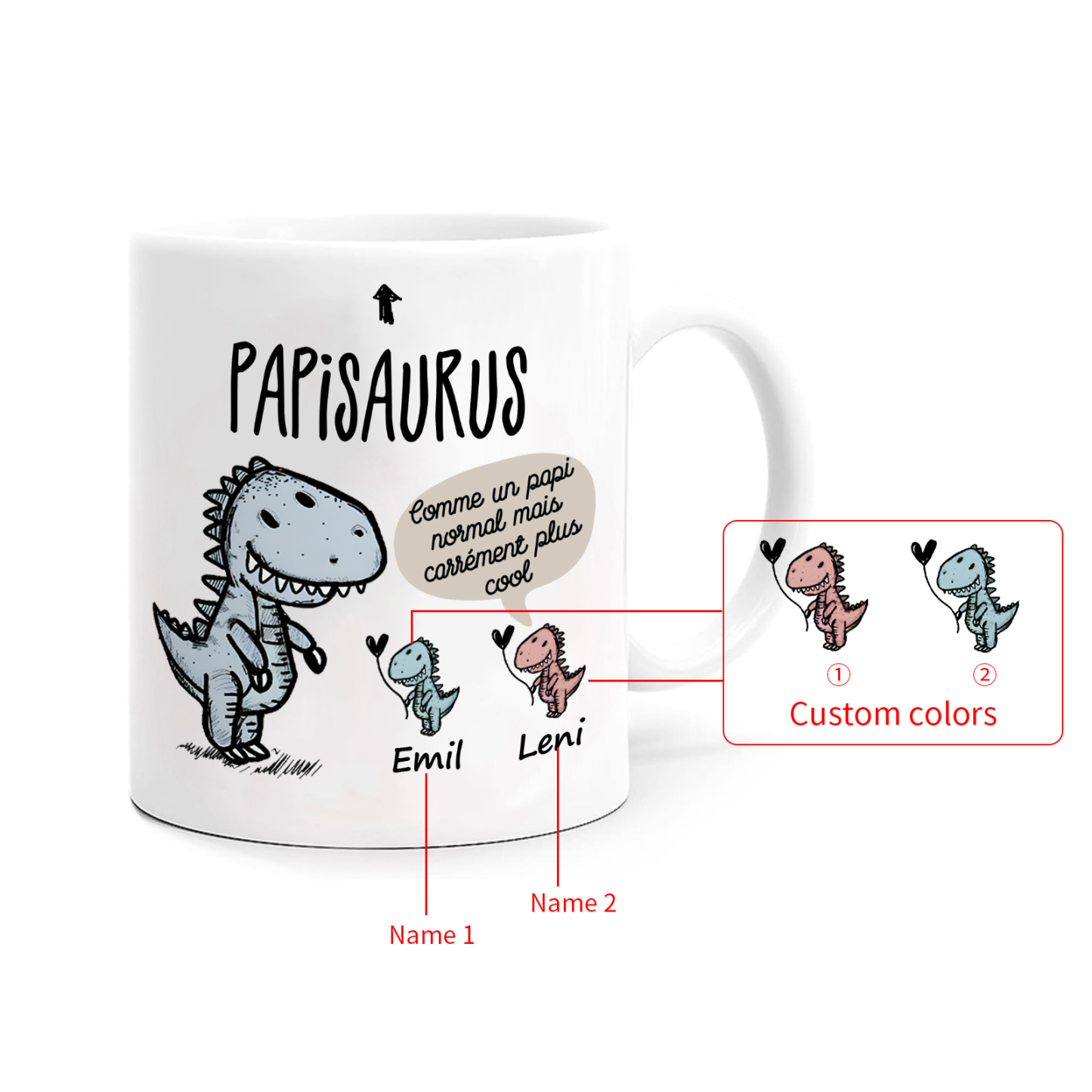 À Mamie/Papi Tasse Céramique Dinosaure 2 Prénoms Personnalisés Cadeau Mamiesaurus/Papisaurus | Jessemade
