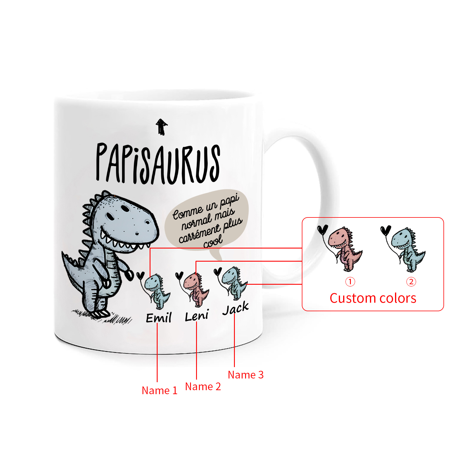 À Mamie/Papi Tasse Céramique Dinosaure 3 Prénoms Personnalisés Cadeau Mamiesaurus/Papisaurus | Jessemade