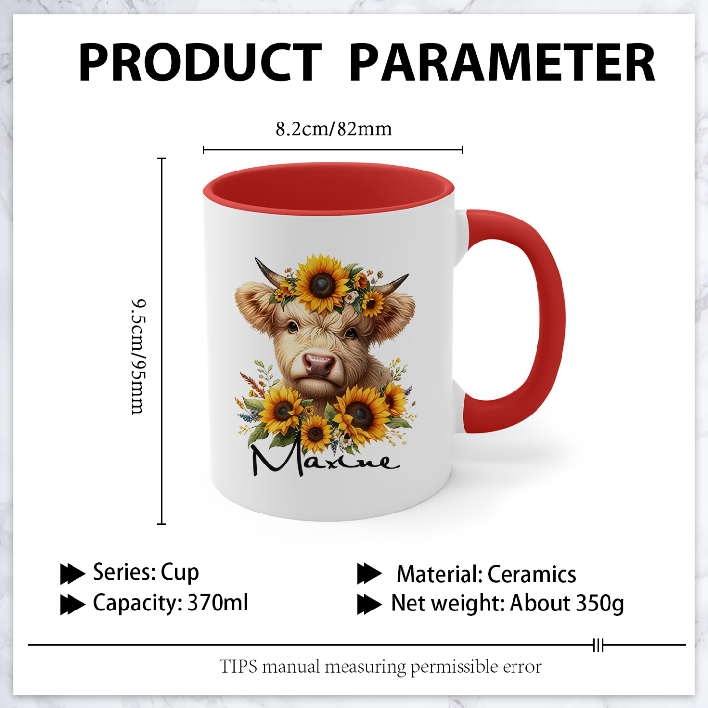 Tasse émaillée Vache et Tournesols 1 prénom Personnalisé Mug en Céramique | Jessemade