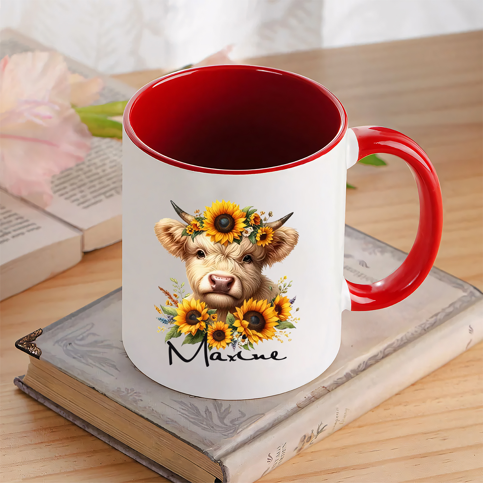 Tasse émaillée Vache et Tournesols 1 prénom Personnalisé Mug en Céramique | Jessemade