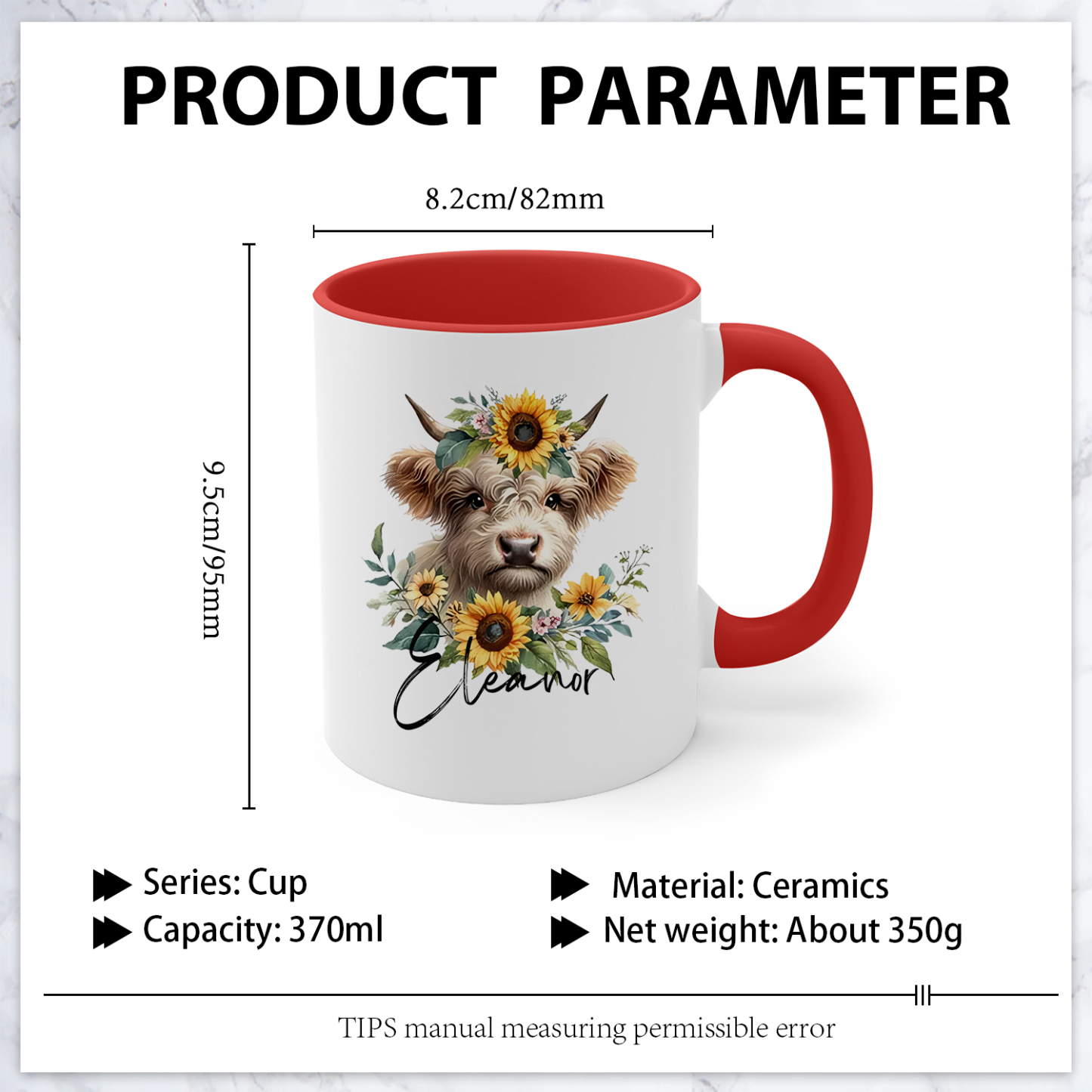 Tasse émaillée Vache mignion et Tournesols 1 prénom Personnalisé Mug en Céramique Rouge et Blanc | Jessemade