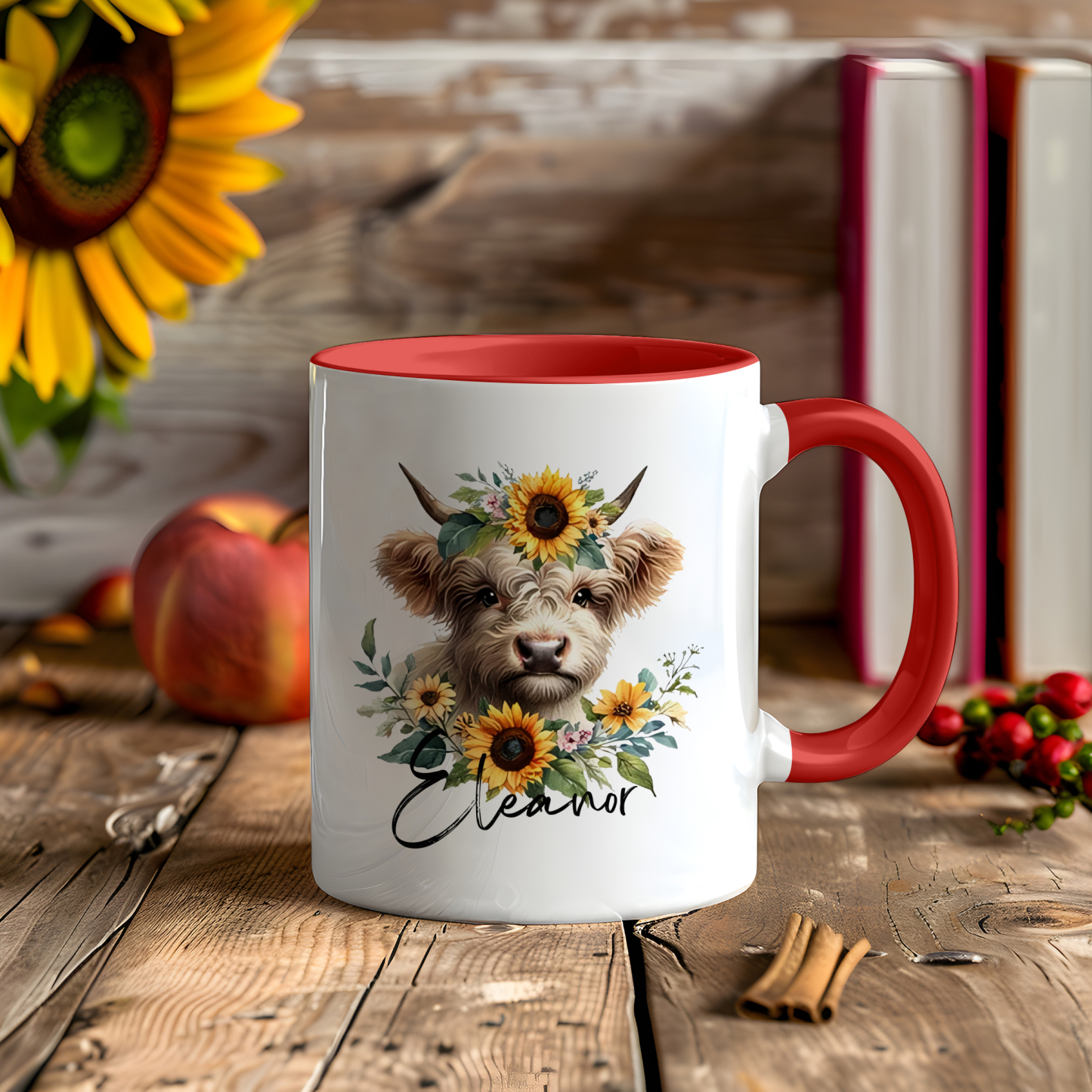 Tasse émaillée Vache mignion et Tournesols 1 prénom Personnalisé Mug en Céramique Rouge et Blanc | Jessemade