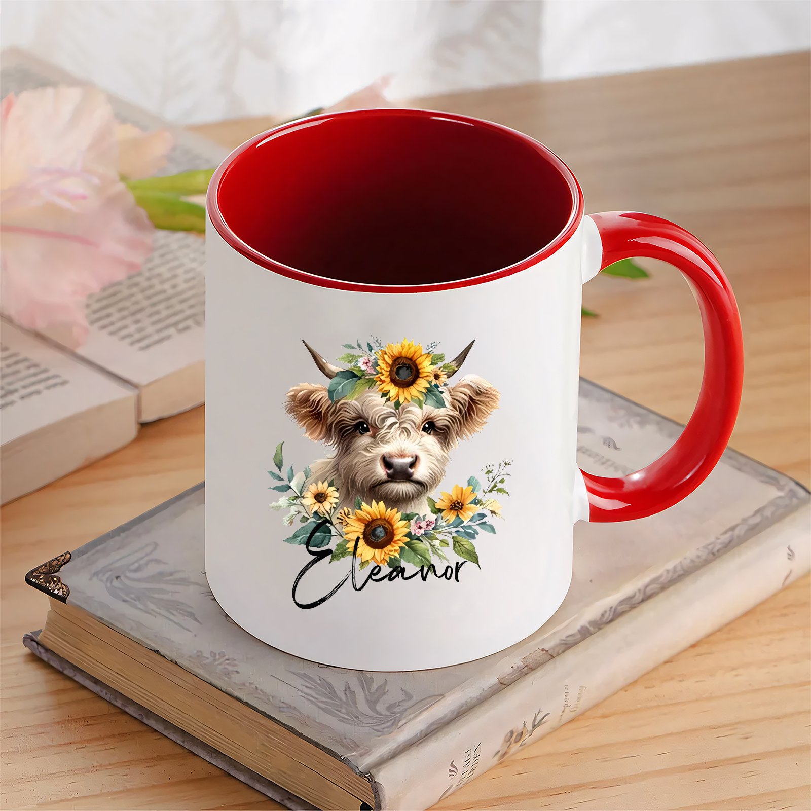 Tasse émaillée Vache mignion et Tournesols 1 prénom Personnalisé Mug en Céramique Rouge et Blanc | Jessemade