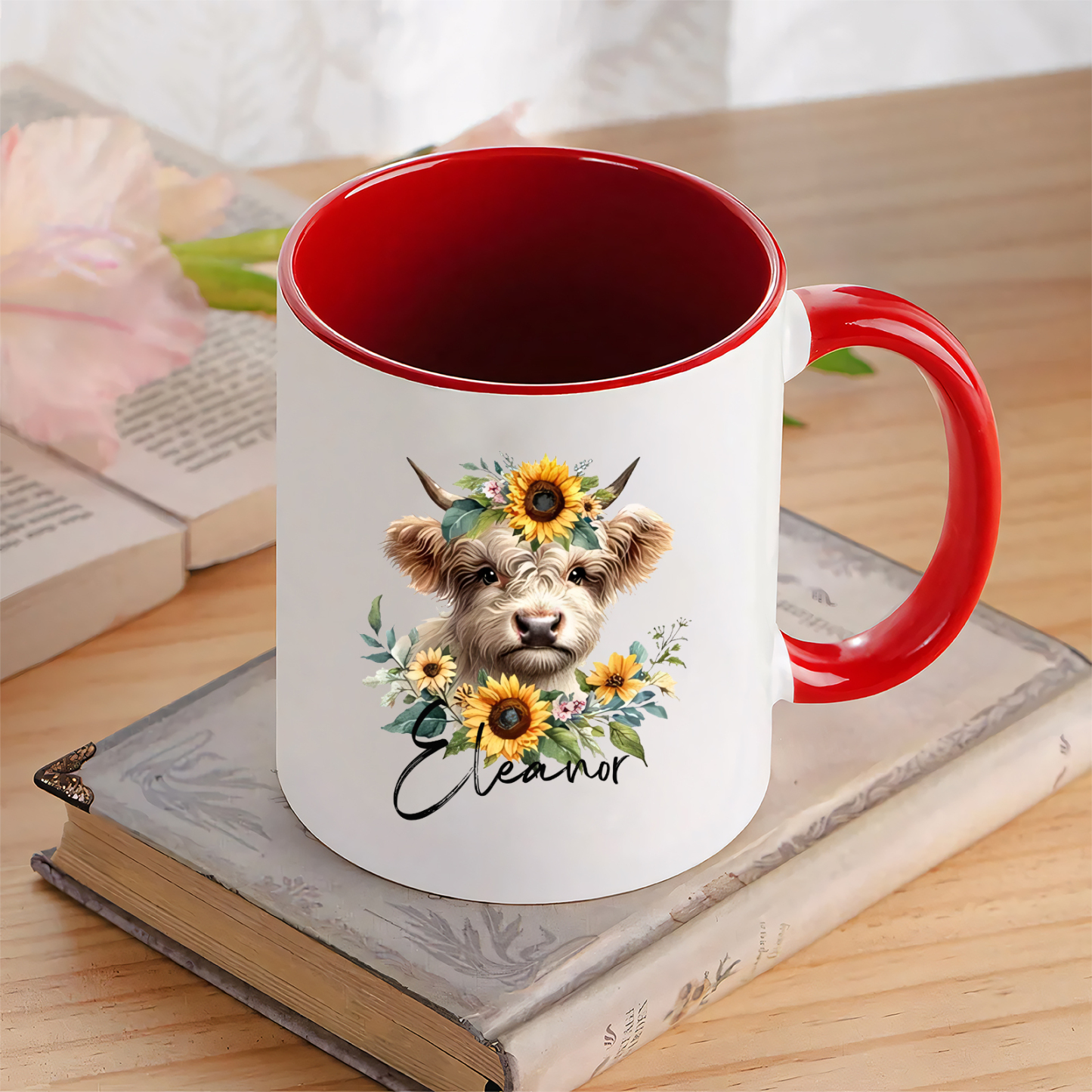 Tasse émaillée Vache mignion et Tournesols 1 prénom Personnalisé Mug en Céramique Rouge et Blanc | Jessemade