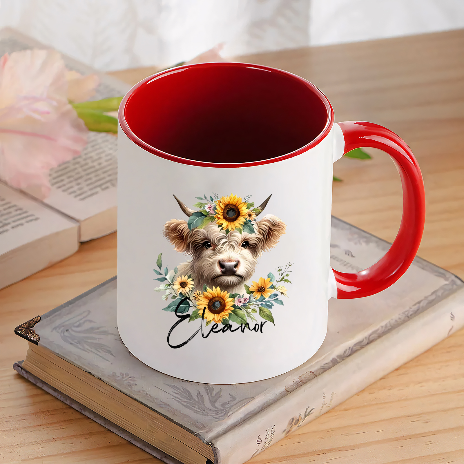 Tasse émaillée Vache mignion et Tournesols 1 prénom Personnalisé Mug en Céramique Rouge et Blanc | Jessemade
