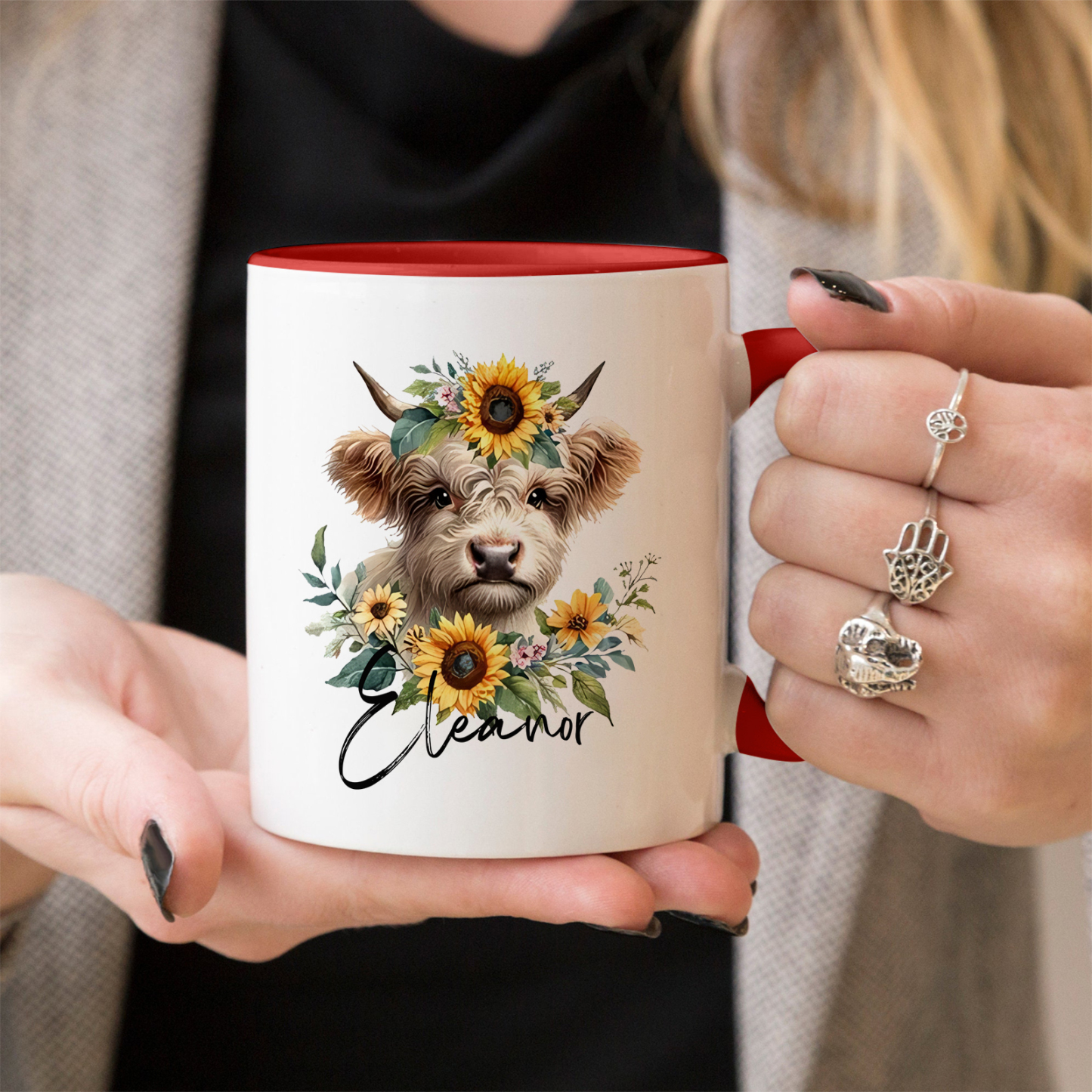 Tasse émaillée Vache mignion et Tournesols 1 prénom Personnalisé Mug en Céramique Rouge et Blanc | Jessemade