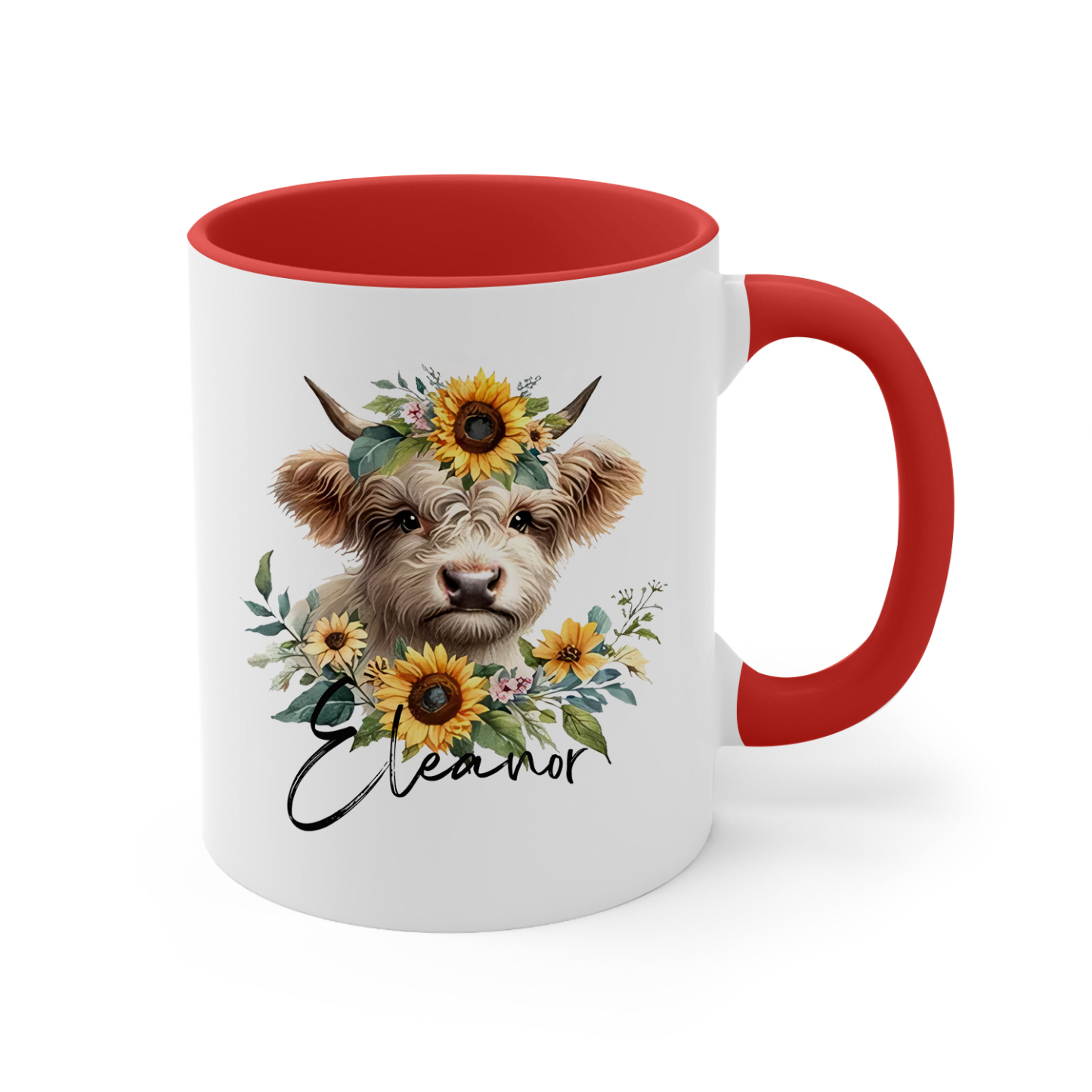 Tasse émaillée Vache mignion et Tournesols 1 prénom Personnalisé Mug en Céramique Rouge et Blanc | Jessemade