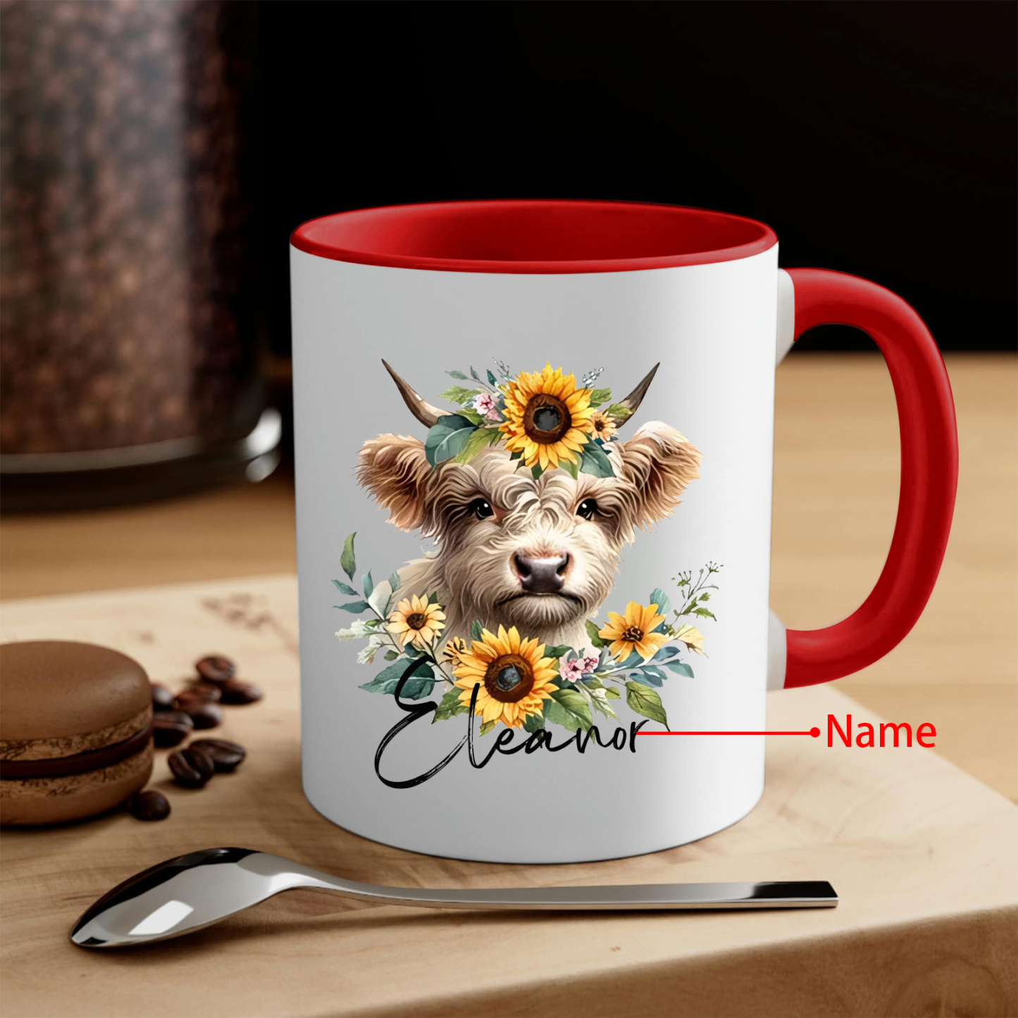 Tasse émaillée Vache mignion et Tournesols 1 prénom Personnalisé Mug en Céramique Rouge et Blanc | Jessemade