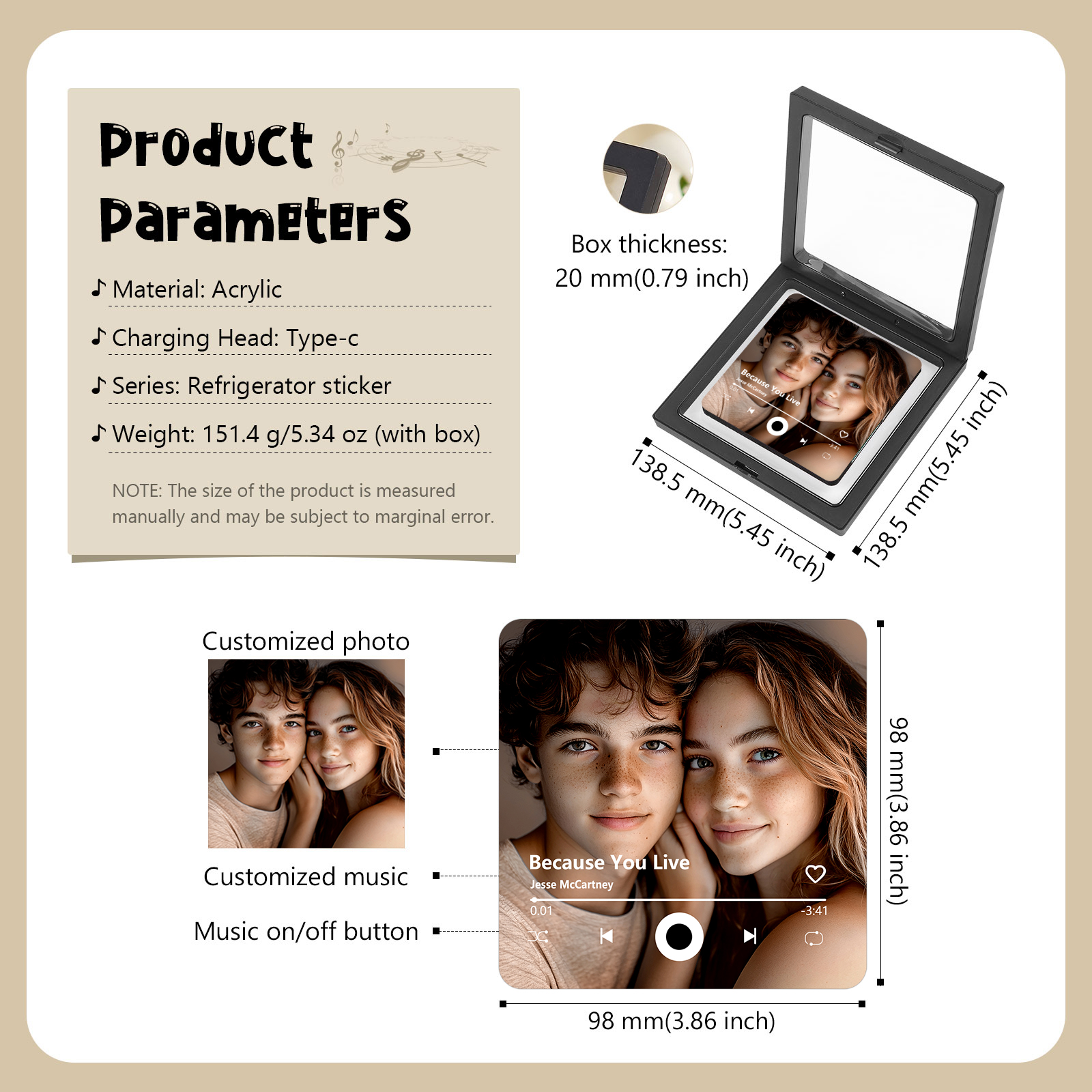 Aimant Frigo Personnalisé avec Musique et Photo pour Couple | Jessemade
