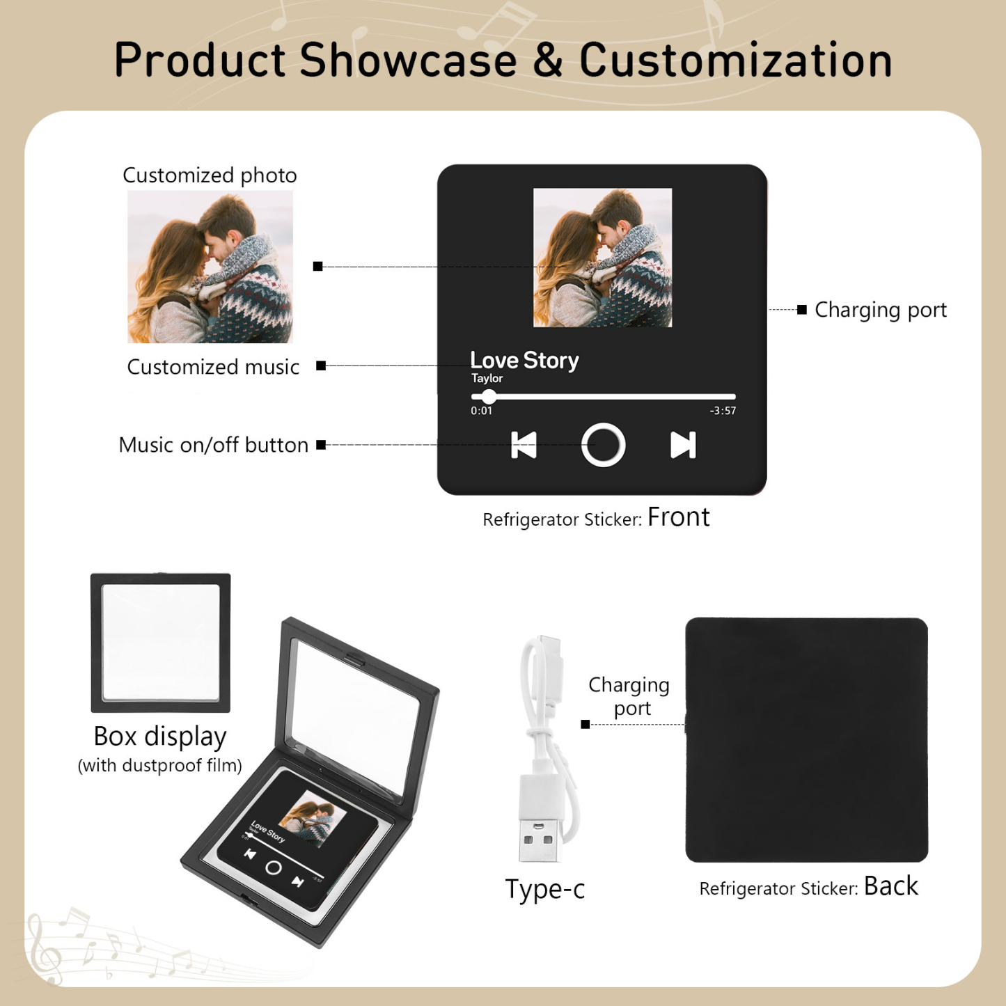 Aimant De Réfrigérateur de Musique Personnalisé avec Photo pour Couple | Jessemade