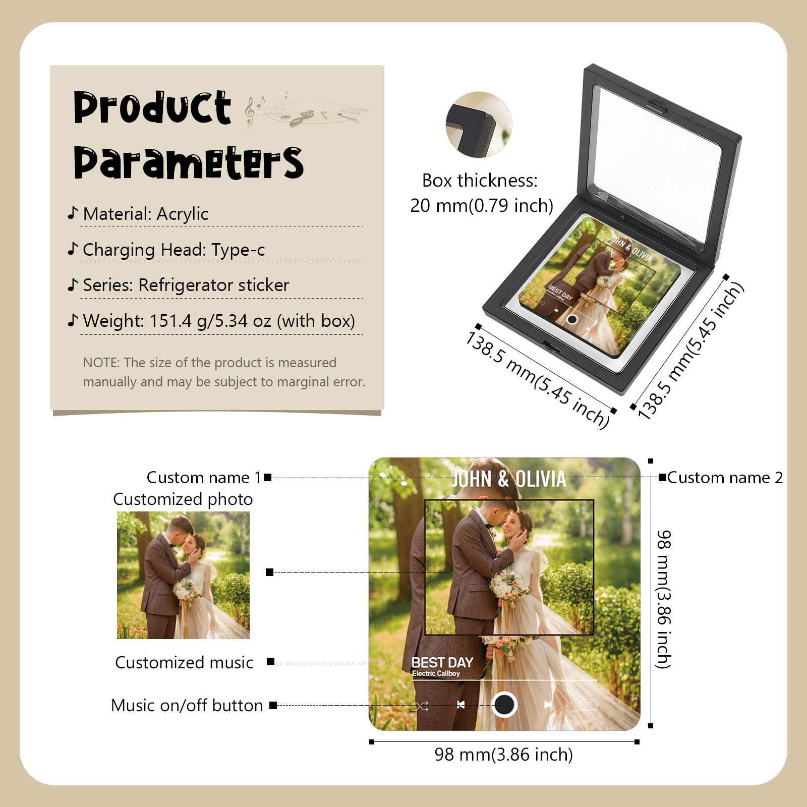 Aimant De Réfrigérateur de Musique Personnalisé avec 2 Prénoms et 1 Photo pour Couple | Jessemade