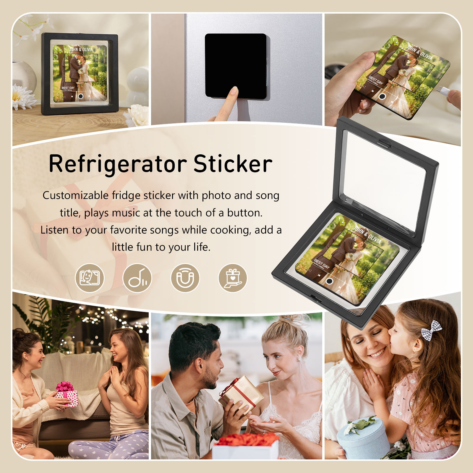 Aimant Frigo Musical Personnalisé Spotify - Photo Et Musique Au Choix - Cadeau Couple, Anniversaire, Décoration Maison - 10x10 Cm