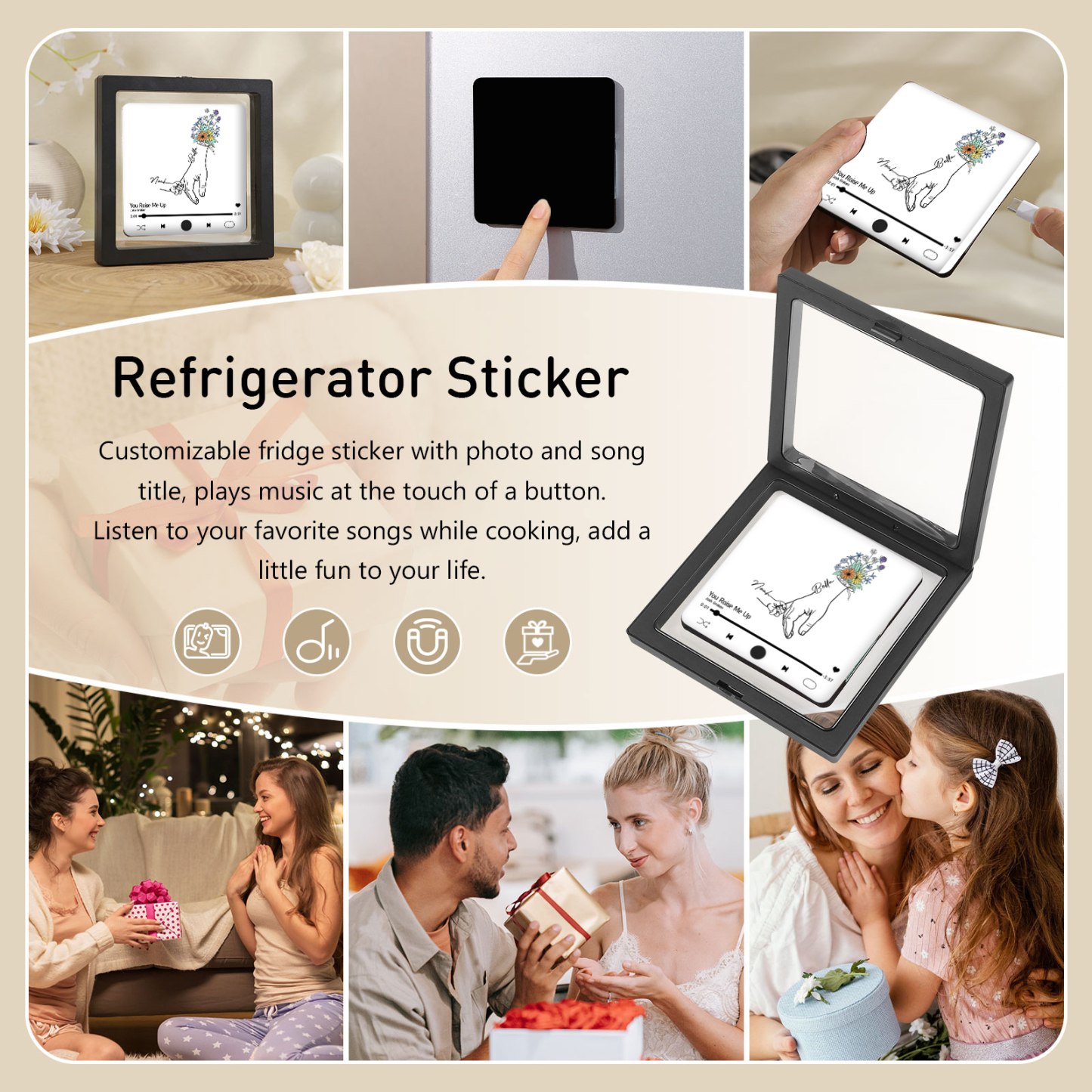 Aimant De Réfrigérateur de Musique 1 Photo et 2 Prénoms Personnalisé Aimant De Frigo la main dans la main en blanc | Jessemade